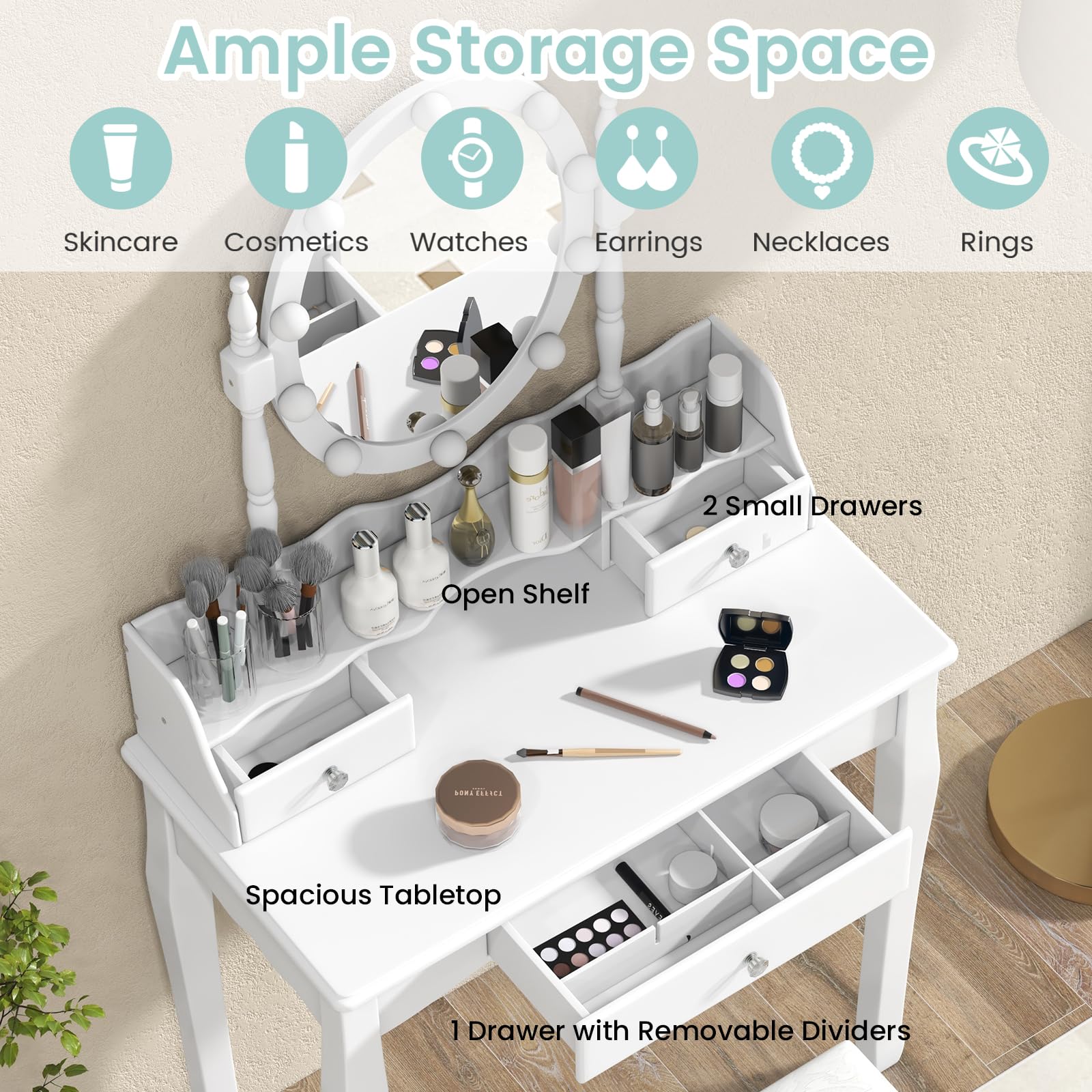 HOMASIS Toeletta da trucco con specchio girevole a 360°, tavolo da toeletta con sgabello in legno, tavolo cosmetico con 3 cassetti e 3 modalità di illuminazione, per camera da letto, 75 x 40 x 143,5