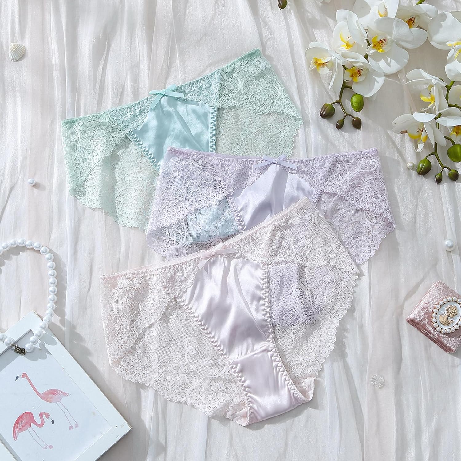 Sexy Silk Panties for Women Lace Hipster Back Bow Ruffles Thong Bikini Underwear Lingerie 3 Pack - Image 5