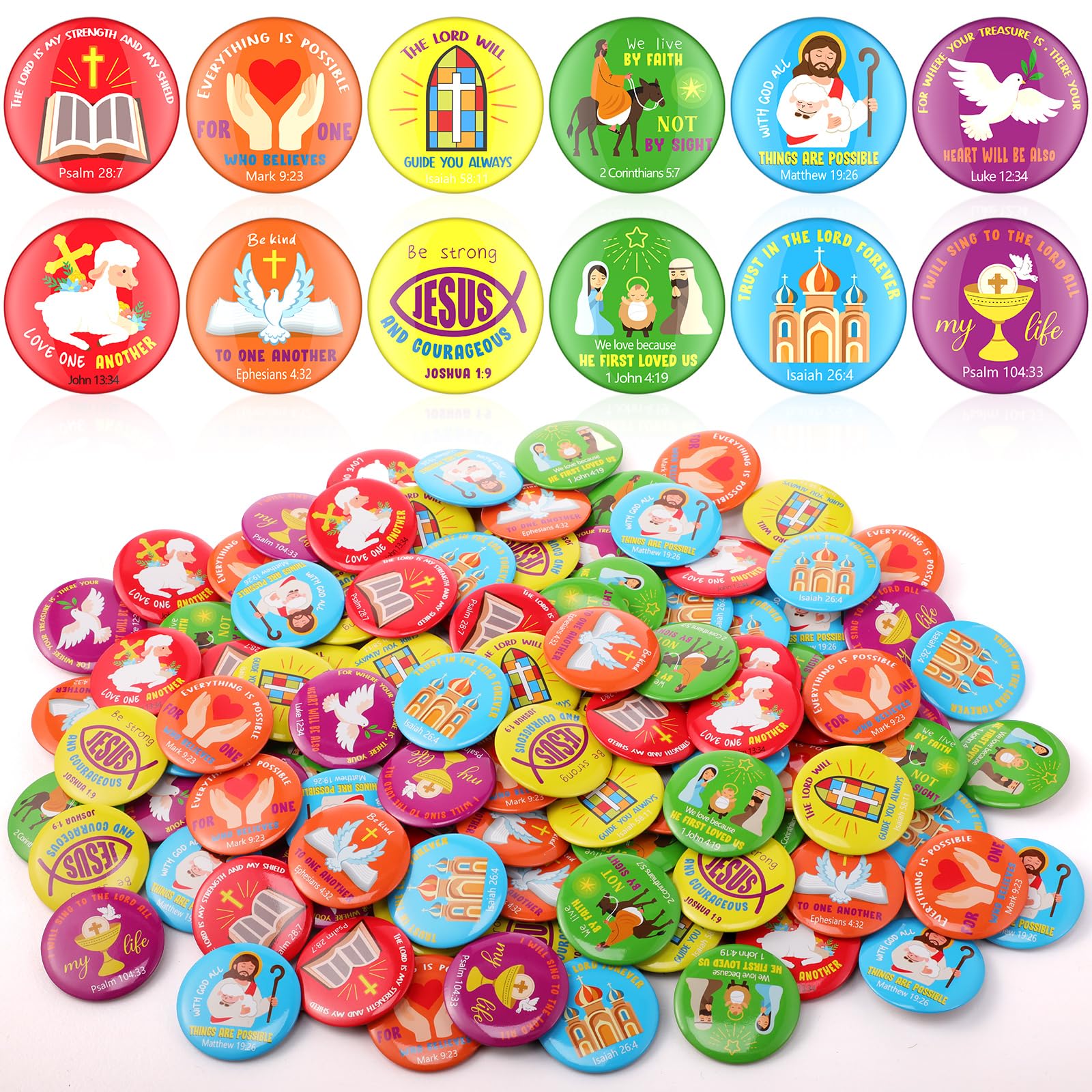 Wavwavw 120 Pcs 1.7in Christian Jesus Pins Christian Pins Bulk Religious Jesus Bible Verse Buttons for Sunday School Prizes Rewards Vbs Party Favor