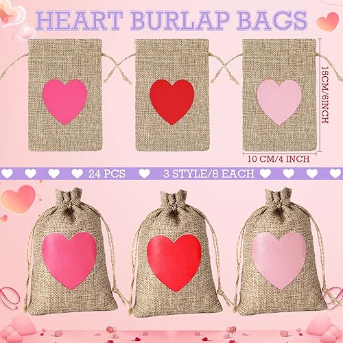 Miniatura 2 de Crtiin 24 bolsas de arpillera con corazón de San Valentín, bolsa de regalo de San Valentín, bolsas de regalo de dulces con cordón, bolsillos de