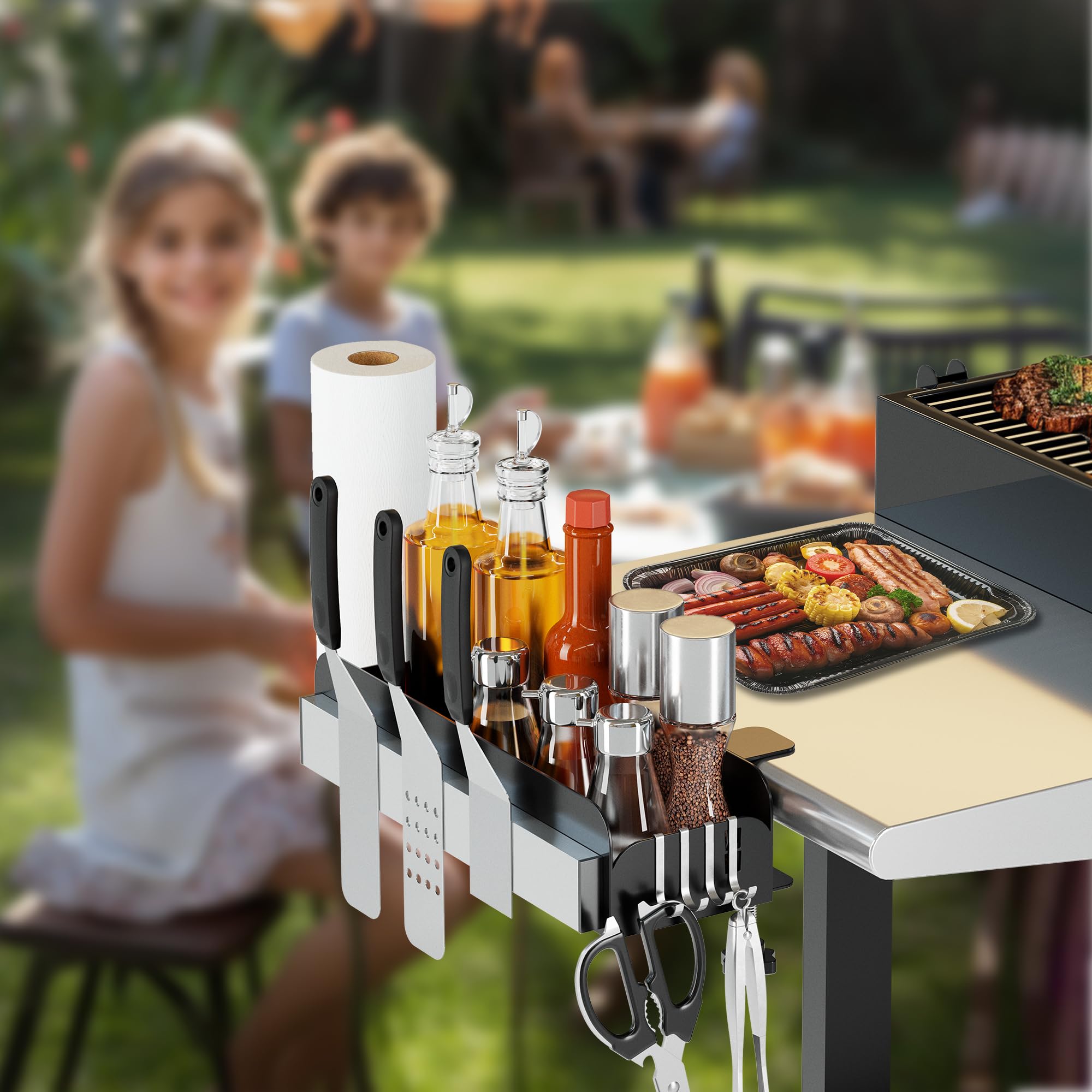 Grillrost Caddy für 71,1 cm / 91,4 cm Blackstone/Weber Grill, Aufbewahrung, Organizer, platzsparendes Grillzubehör mit Magnetstreifen, Papierhandtuchhalter und J-Haken Garten