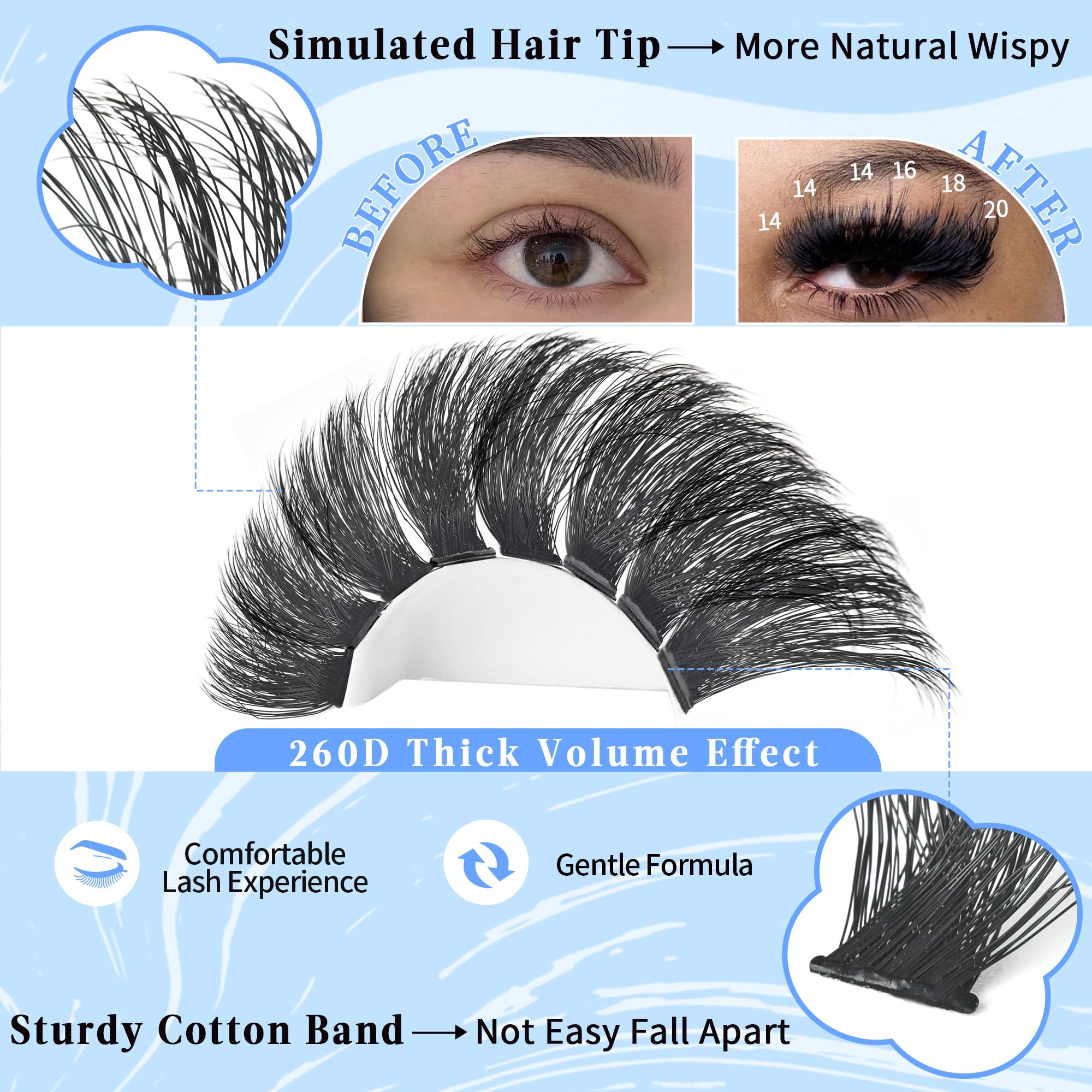 Fluffy Lash Clusters 260D Thick Eyelash Clusters 12-25mm Wispy Individual Mega Volume Lashes D Curl Long Cluster Eyelash Extensions 256Pcs DIY Lash Extension at Home, by Yaiseiko(Plant Fiber)