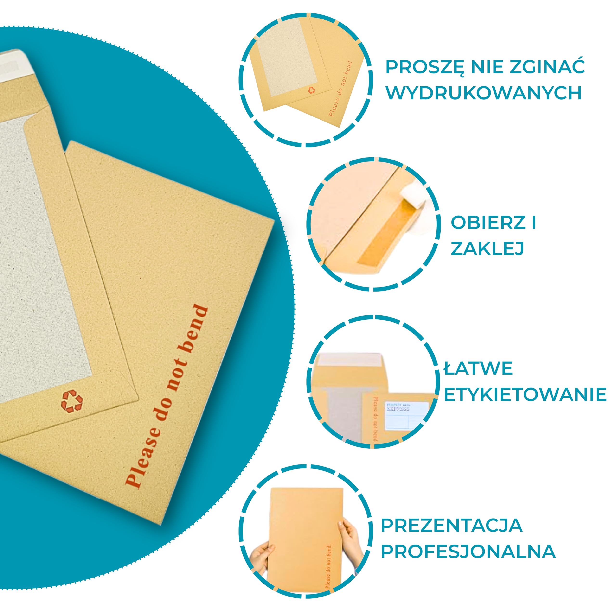 Double Dragon 50-pack A6 C6 Koperty Manilla Wzmocnione Kartonem | 162 mm x 114 mm | Nadruk „Nie Zginać” | Wypełnione i Ochronne przed Manipulacją | Samoprzylepne Zamykanie