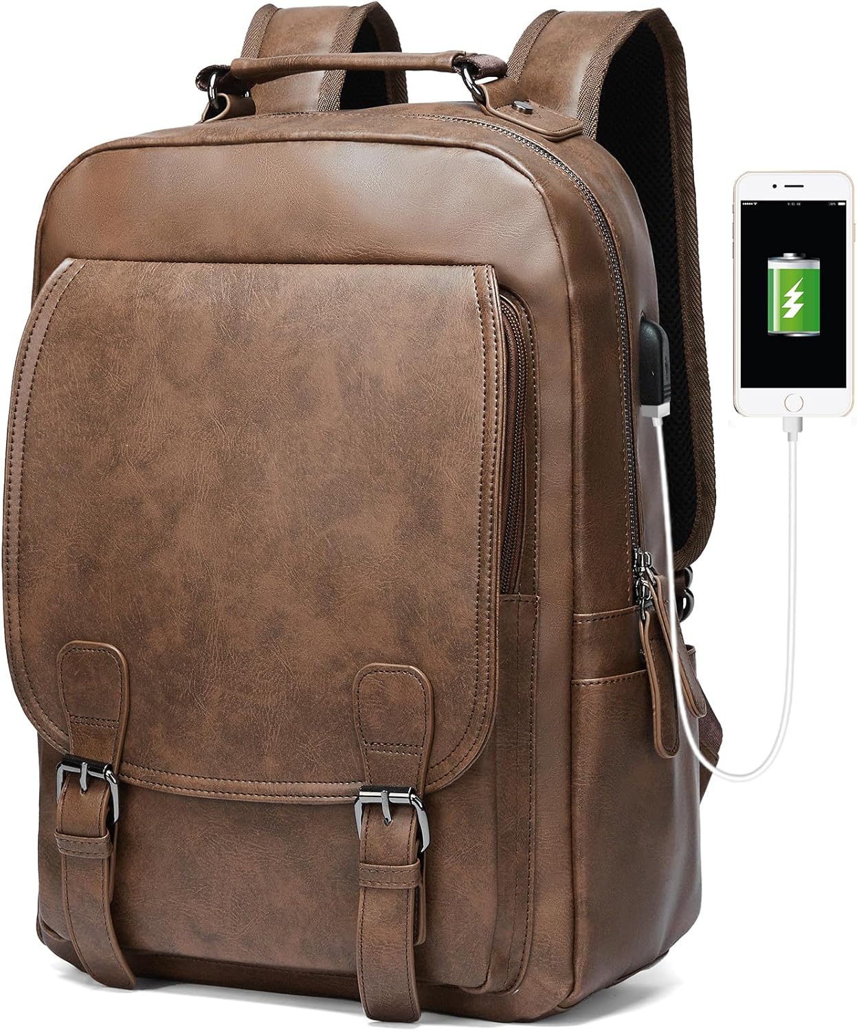 MATE ELEN Leather Laptop Backpack Waterproof Fit 14" Laptop USB Charging Travel Hiking Camping Overnight Weekend Business Casual College Backpack For Men Brown