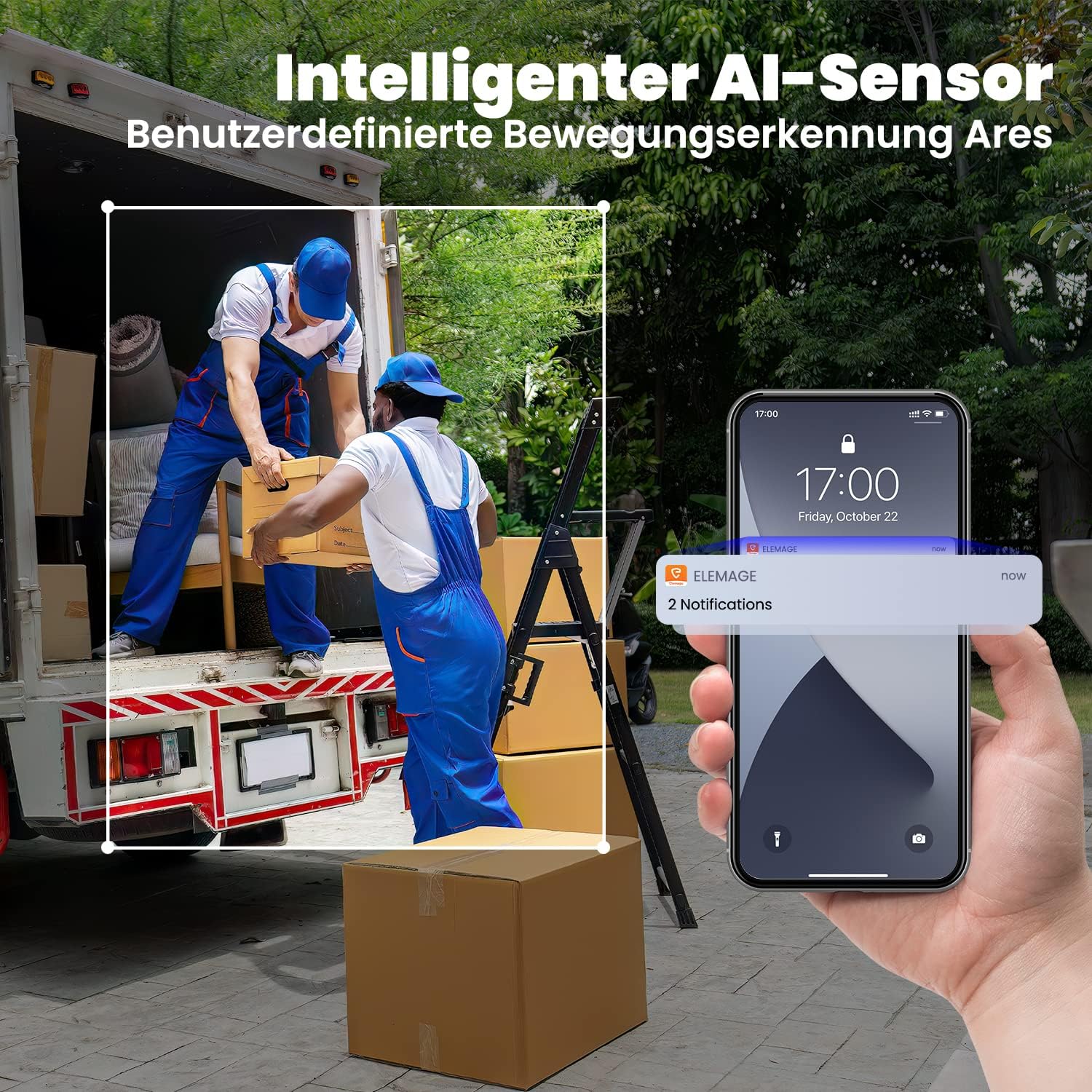Smartphone displaying a notification from the elemage camera indicating motion detection by its intelligent AI sensor