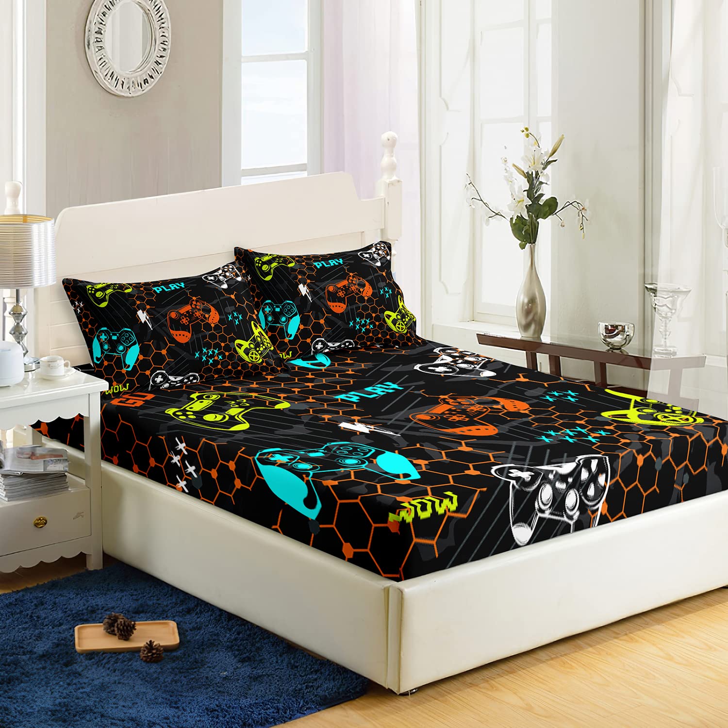 AILONEN Gamer Fitted Sheet for Kids, Game Sheet Set Twin Size,Gaming Bedsheets Set,Gamepad Bed Sheet Set for Boys,Boys Video Games Bedding Set,1 Fitted Sheet and 2 Pillow Case,3 Piece
