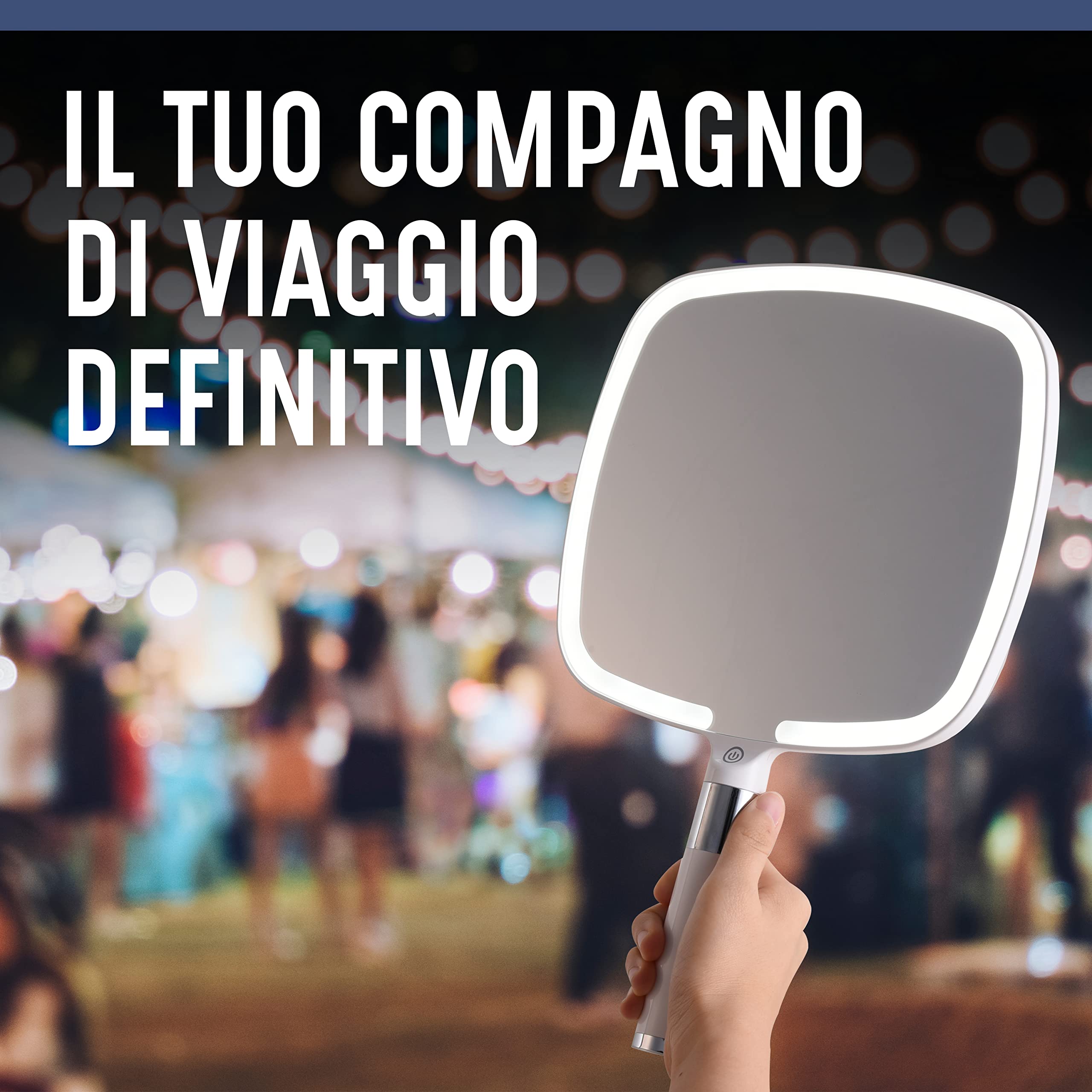 Mirrorvana Specchio a mano illuminato portatile con manico ergonomico - con base removibile e 3 modalità di luce - ideale per trucco e make up - 23 x 20 cm (bianco)