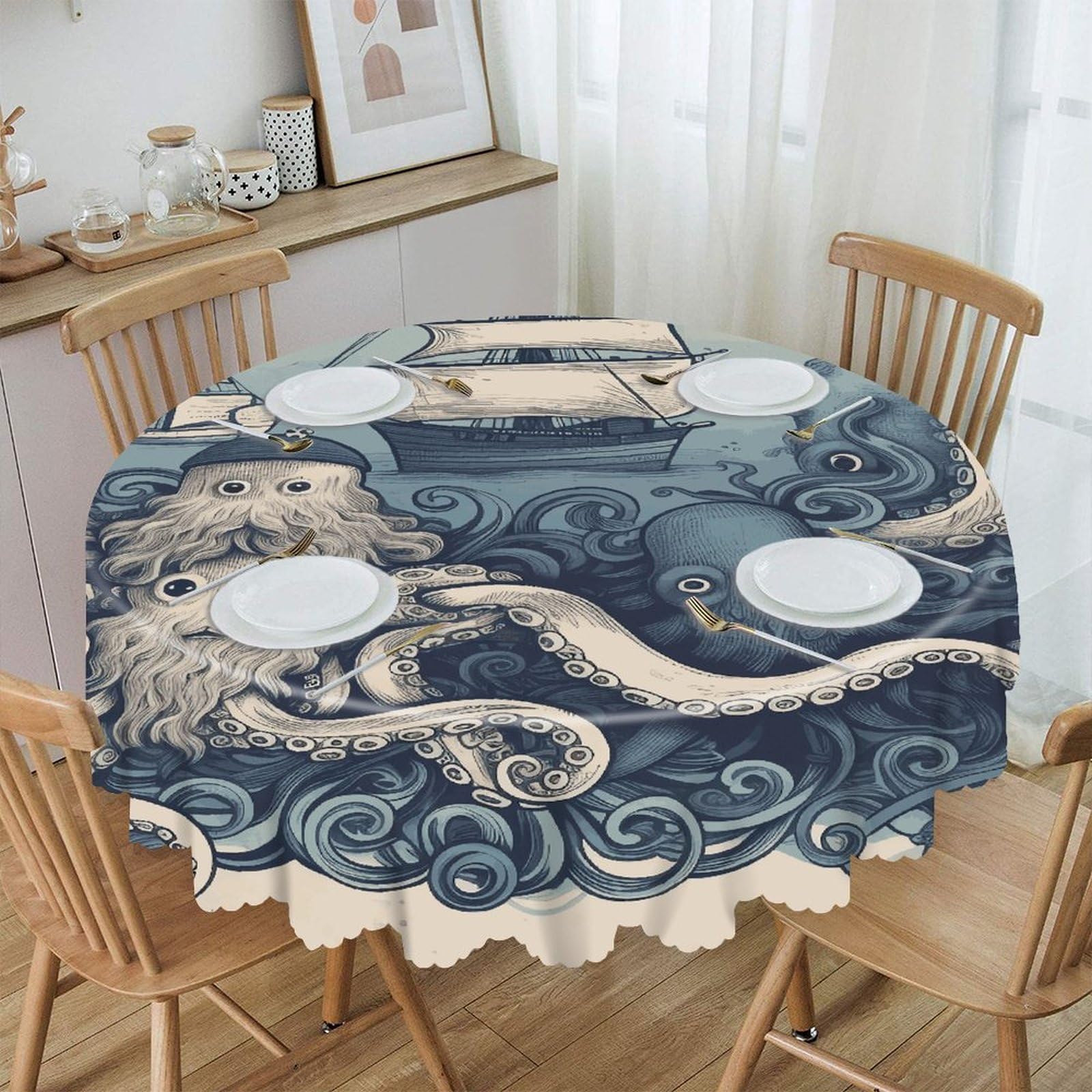 VstaDank and Friends Round Tablecloth 60 Inch Easy to Clean Circle Table Cover Thick Decorative Round Polyester Table Cloth for Dining Kitchen Party Farmhouse Outdoor