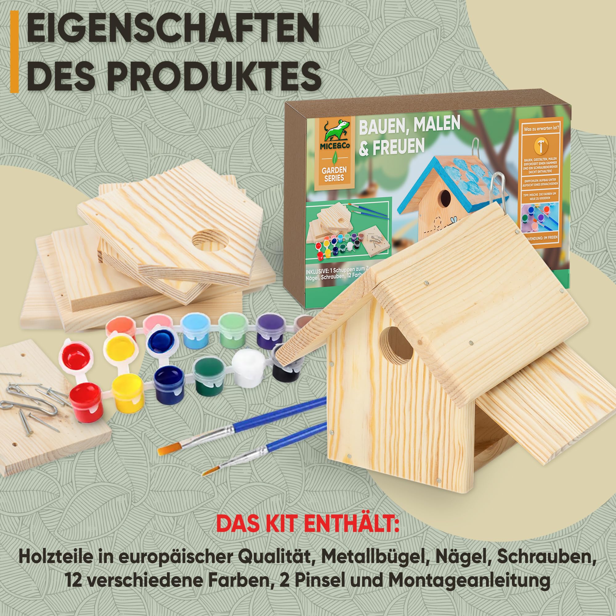 Mice&Co Vogelhaus aus Holz zum Bemalen | DIY Bastelset Nistkasten Garten | Mit 12 Farben und 2 Pinseln | Bauen, Bemalen und Gestalten als Familie