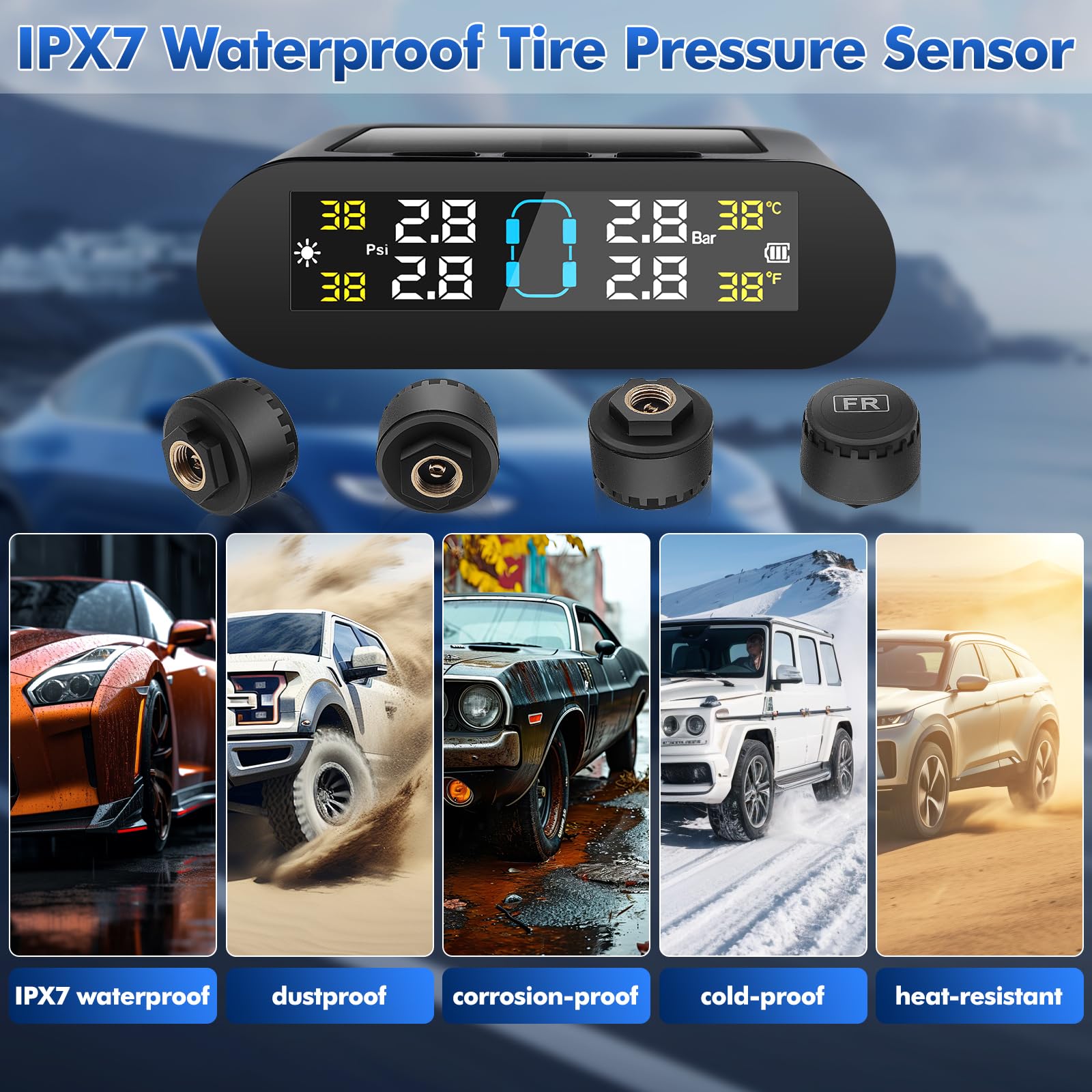 TPMS Sistema di monitoraggio della Pressione degli Pneumatici Solare Senza Fili e con Doppia Ricarica USB 5 modalità di Allarme 4 sensori Pressione Pneumatici, per Caravan Auto 0-3,5Bar Gamma