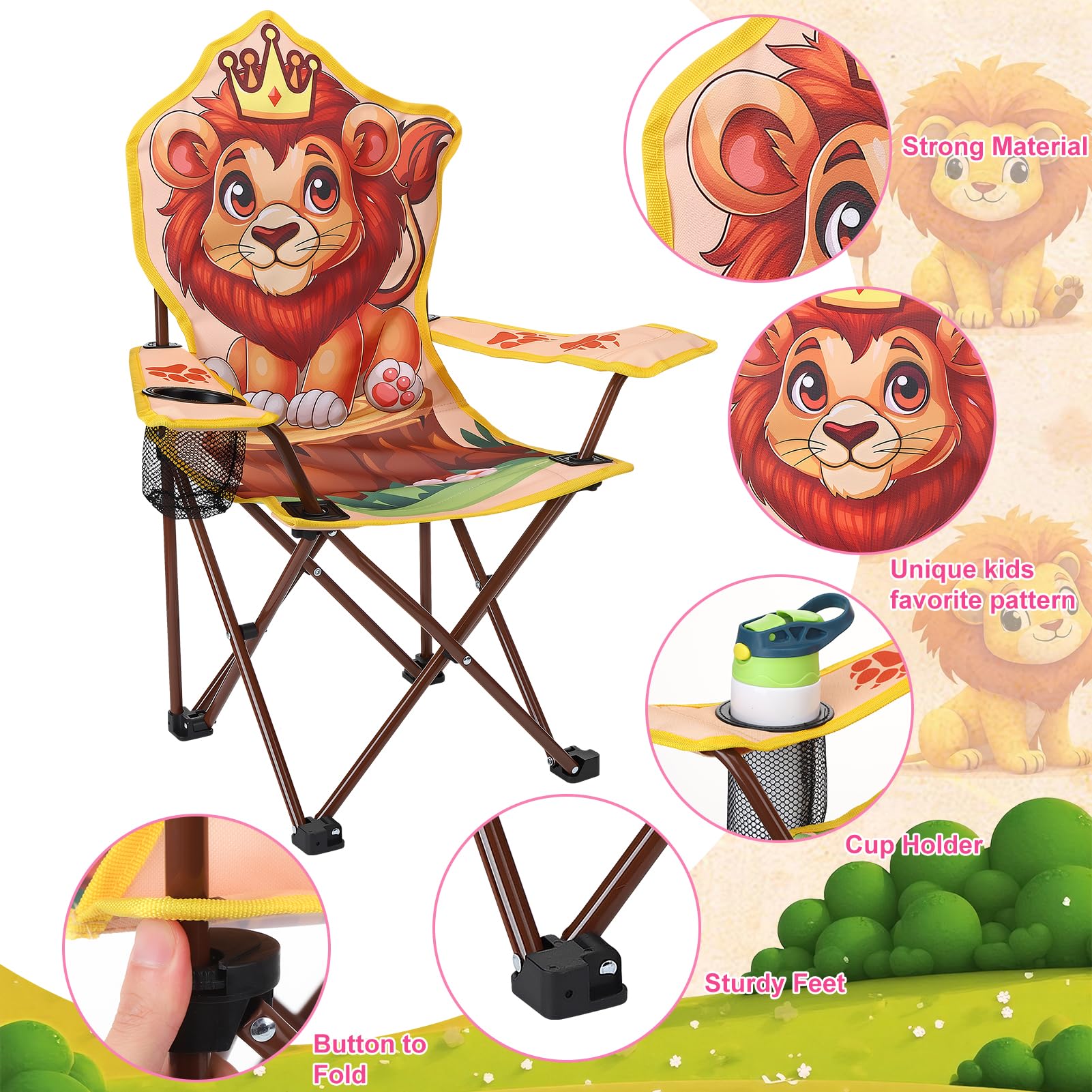 Chaise de camping pliable pour enfant avec porte-gobelet, chaise de jardin pliable avec motif lion, acier allié, chaise de pique-nique portable pour camping, pêche, extérieur
