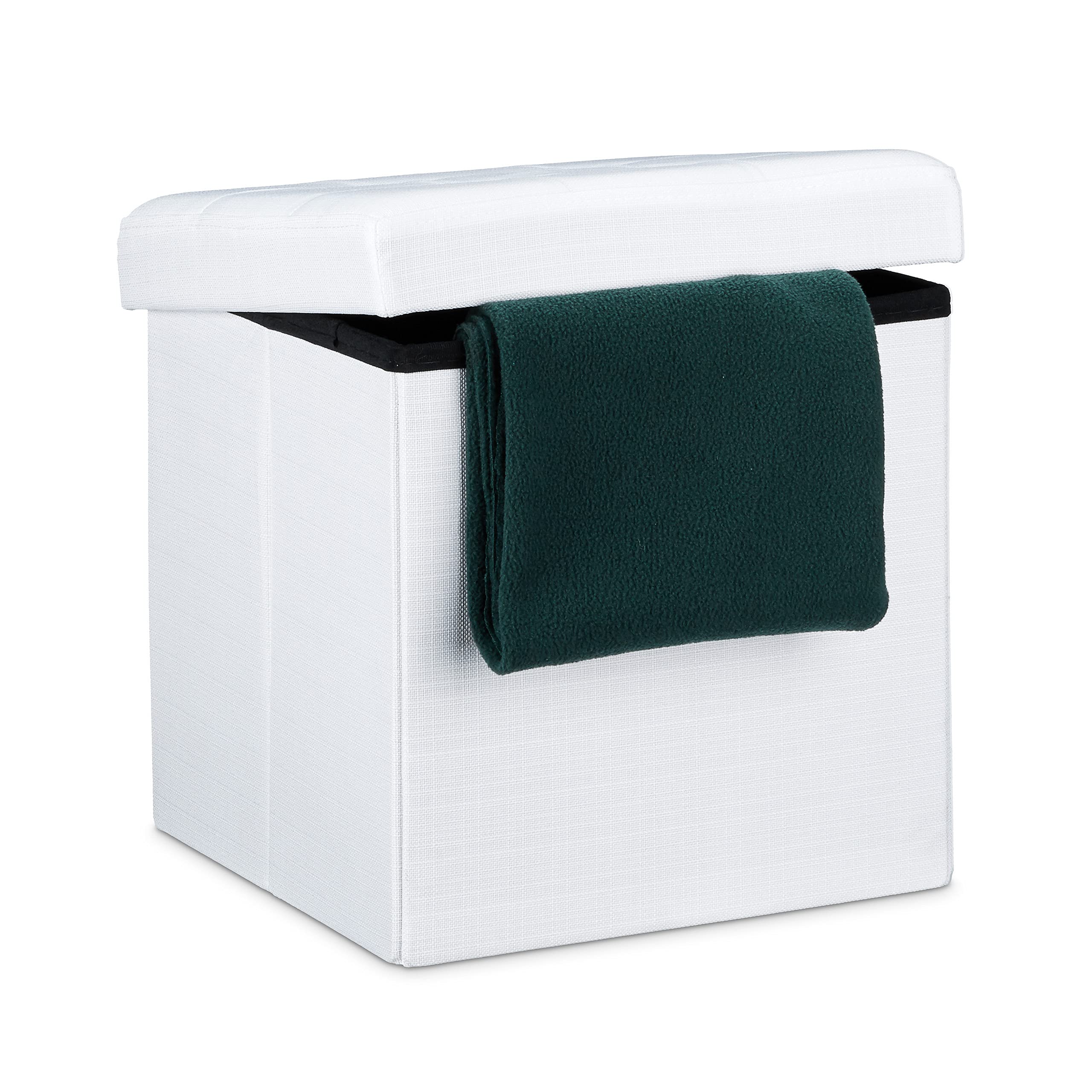 Relaxdays Pouf Pieghevole Con Contenitore, Sgabello a Forma di Cubo, Lino, Coperchio Rimovibile, 38x38x38 cm, Bianco