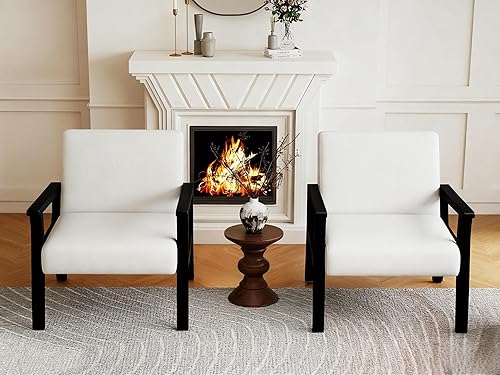 Miniatura 22 de HNY Sillón de mediados de siglo con marcos de madera, sillón tapizado de lino, para sala de estar, dormitorio, marfil Marco de madera dura natural