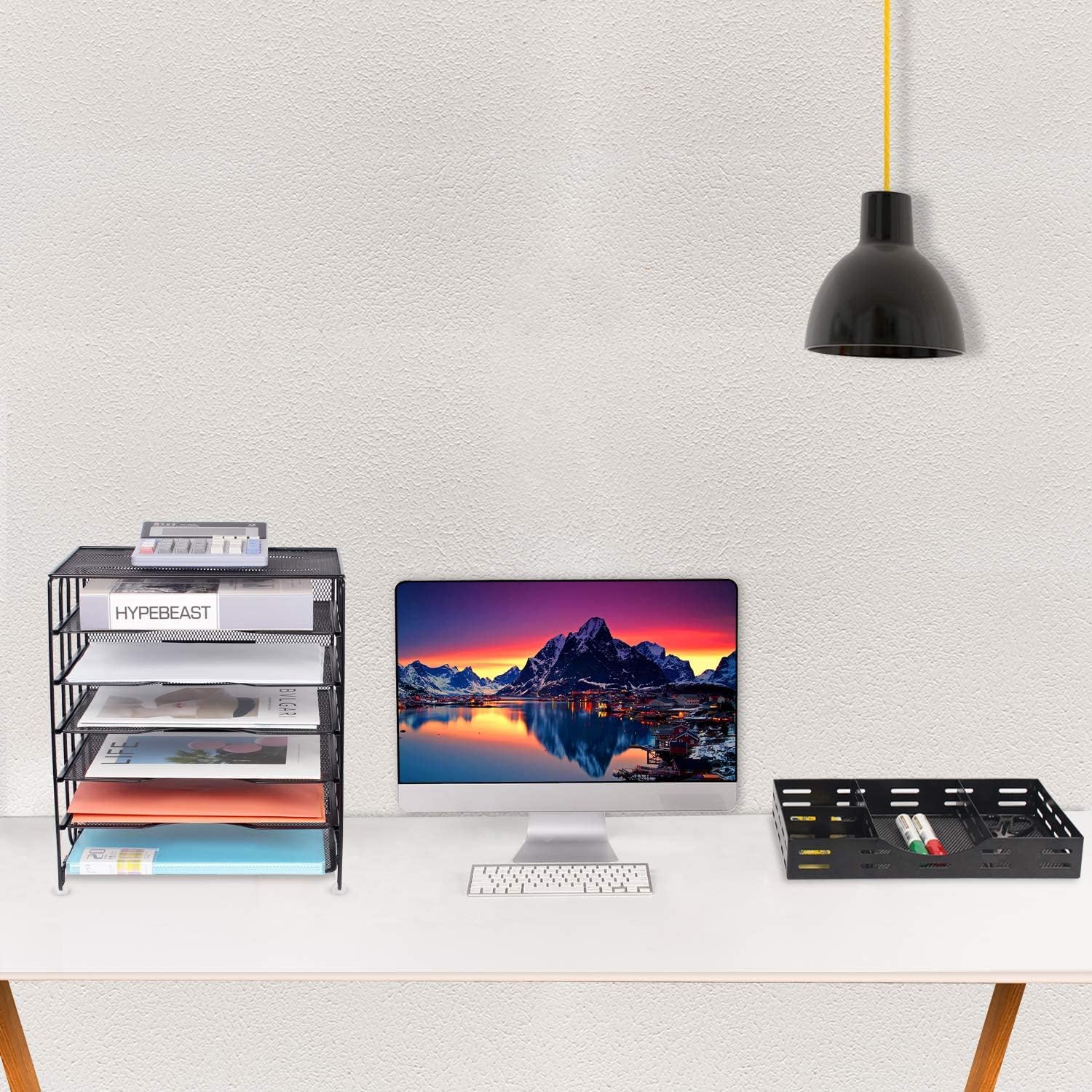 Univivi Office Desk Organizer, 7-Tier Mesh Letter Trays with Sliding Drawers,Metal File Desktop Paper Tray Organizer/Screws Free Design,Black
