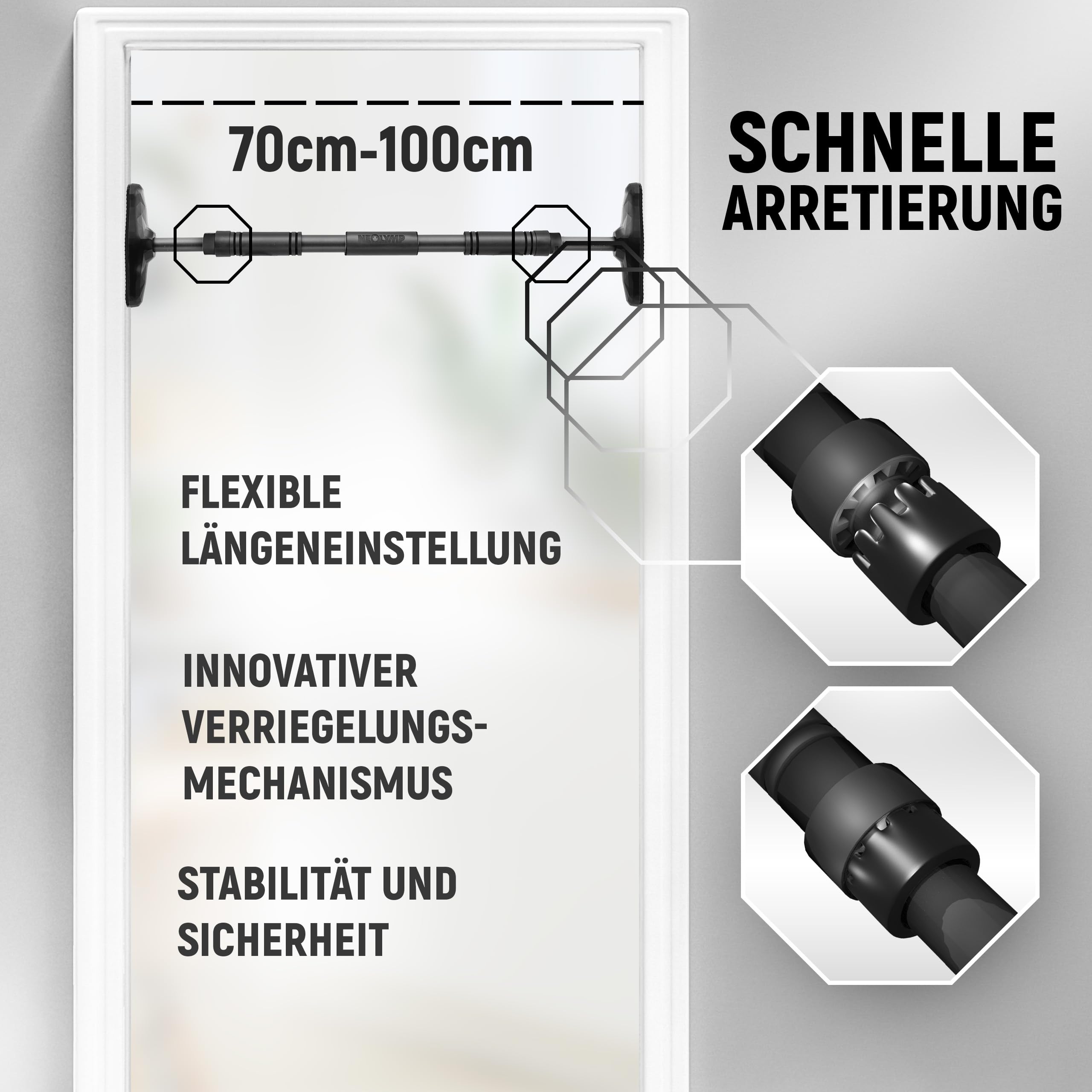 NEOLYMP Türreck Klimmzugstange ohne Schrauben mit Pull Up Bar E-Book - Verstellbare Klimmzugstange von 70-100 cm mit Gewindestange für sicheren Halt bis 200 kg