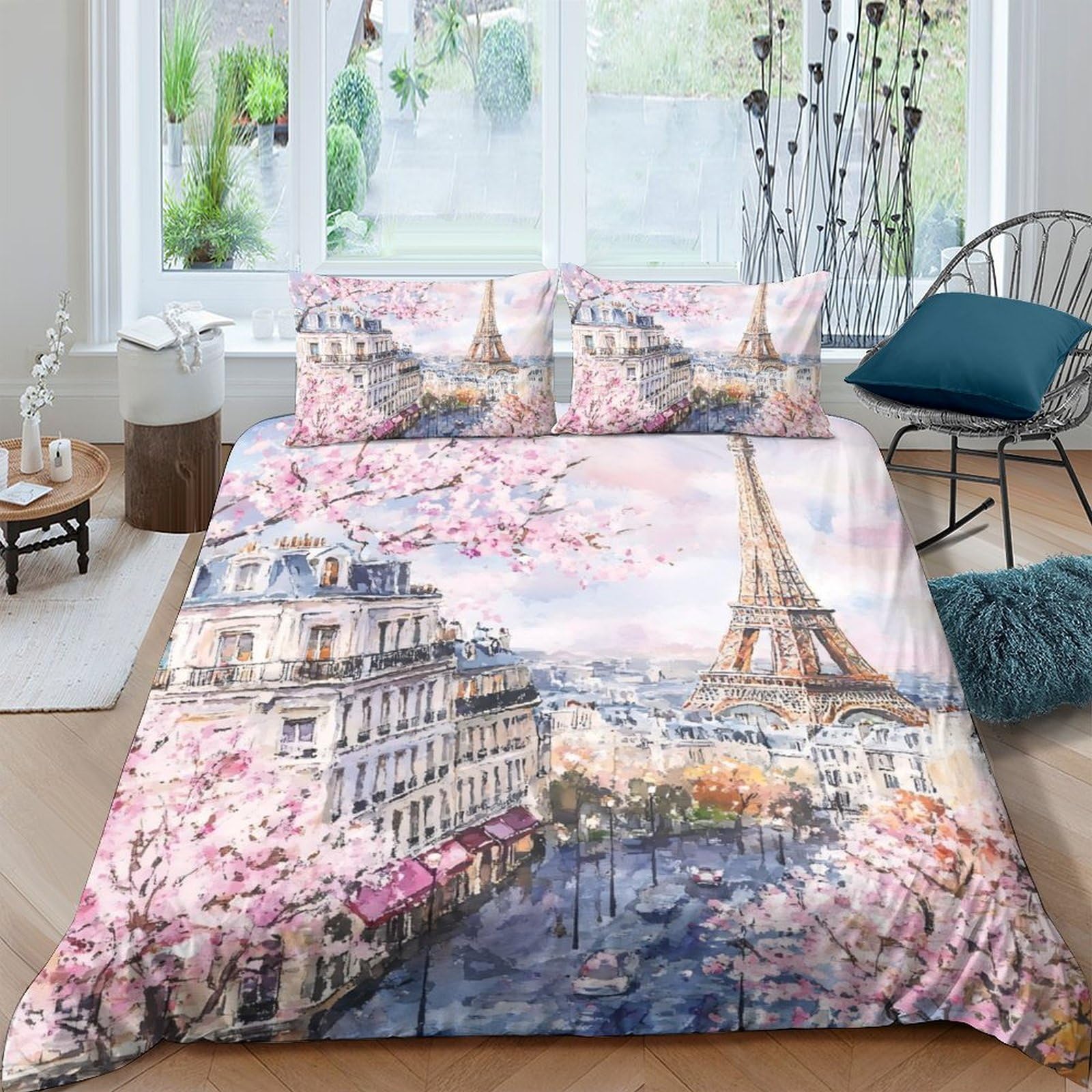 Ctjqhvkz Style-1 3D Printed Paris Spring View Fitted Sheet Microfiber Soft Breathable Eiffel Tower Mattress Cover For Bedroom Guest Room Decor Single（135X200cm）
