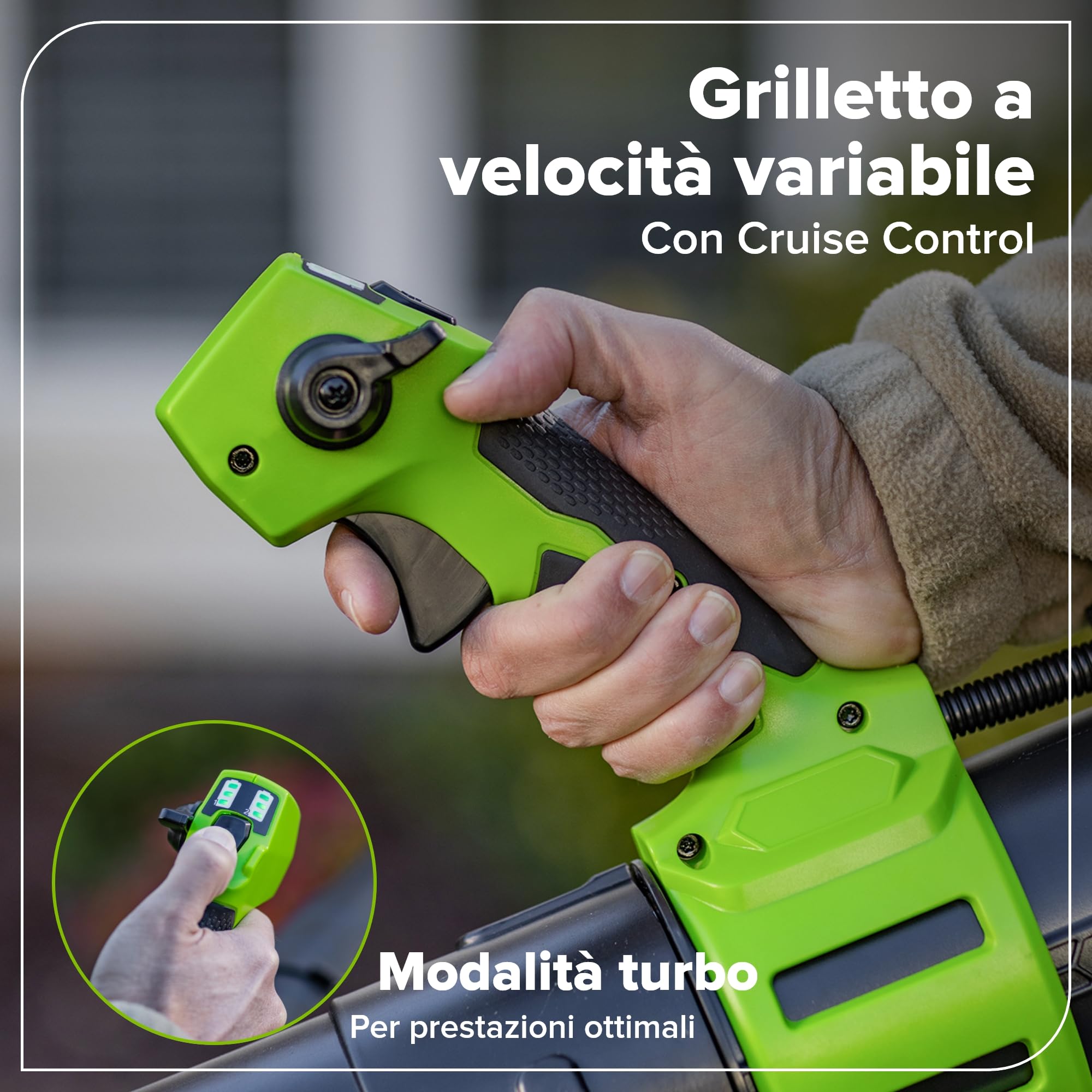 Greenworks Soffiatore a Batteria 24V Premium, Motore Brushless ad Alta Efficienza, 14,58 m³/min, 209 km/h, Tecnologia QUIETFORCE, Cruise Control – Solo Utensile BL24515A1