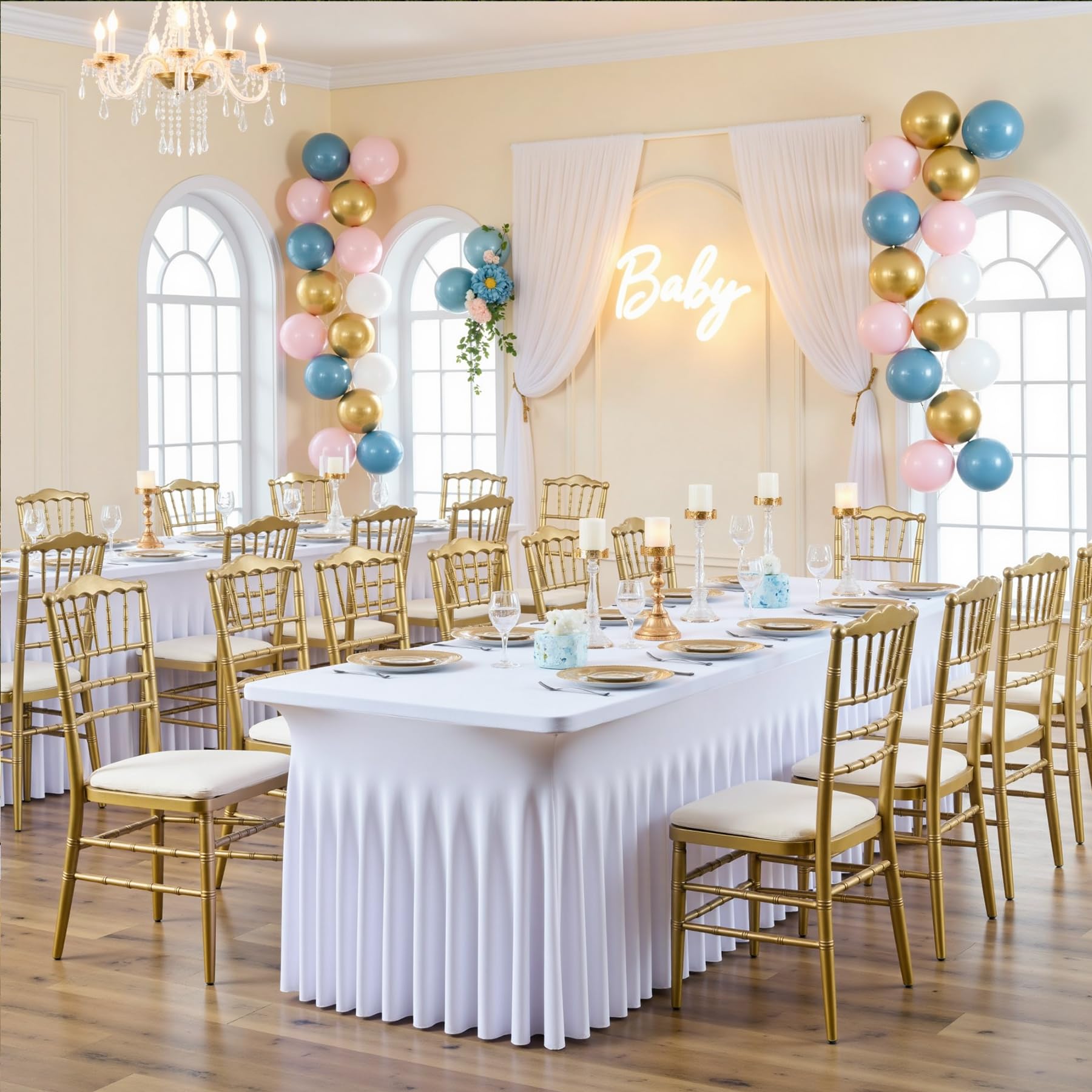 6-Pack Weiß Spandex Tischdecke für 180cm Rechteck Tische, Faltenfreie Stretch Tischdecke mit Rock für Bankett Party Hochzeit Geburtstag Meeting Display Dekoration Tischdecken