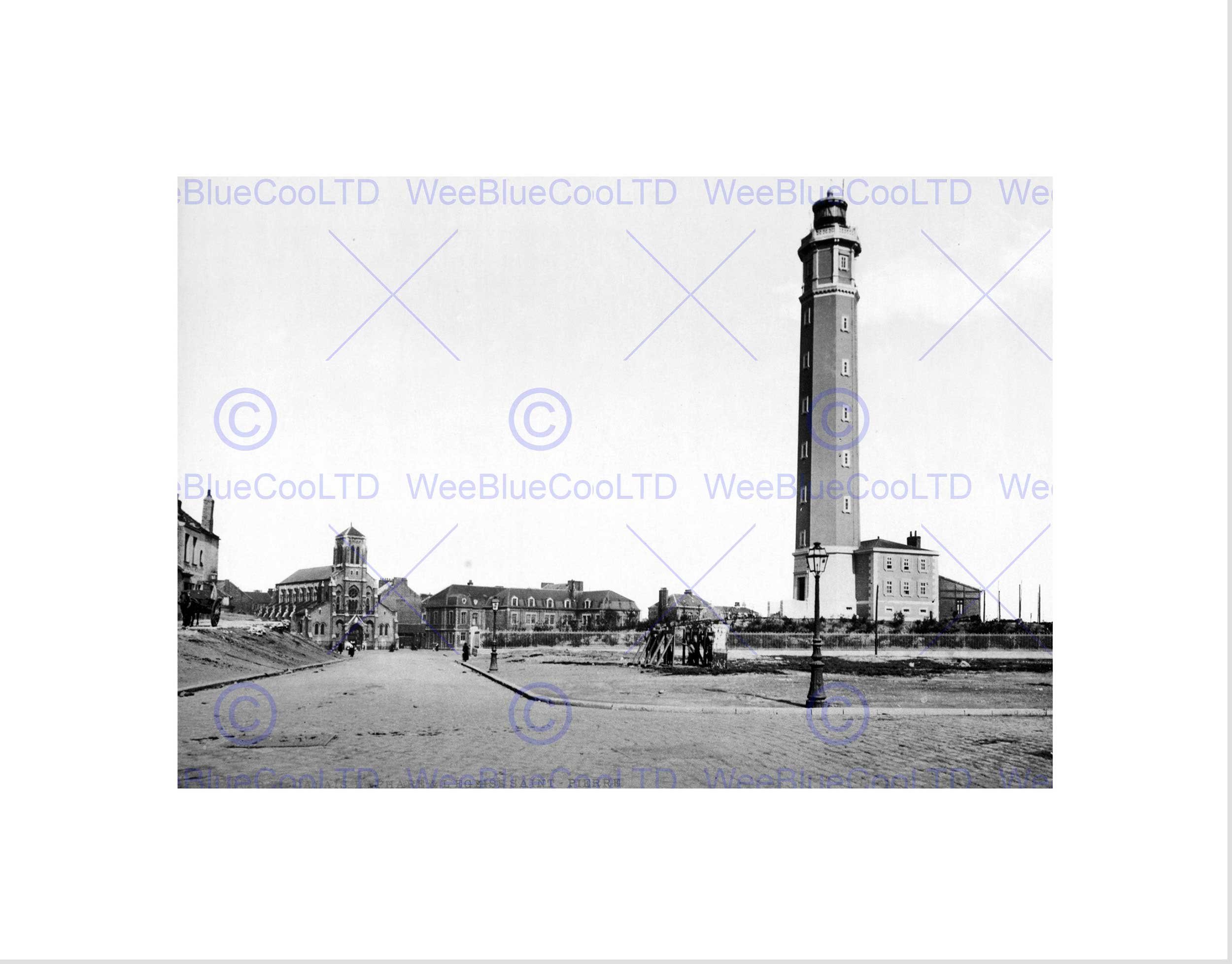 Wee Blue Coo Lighthouse And St Peter's Church Calais France 1895 Old BW Art Wall Art Print