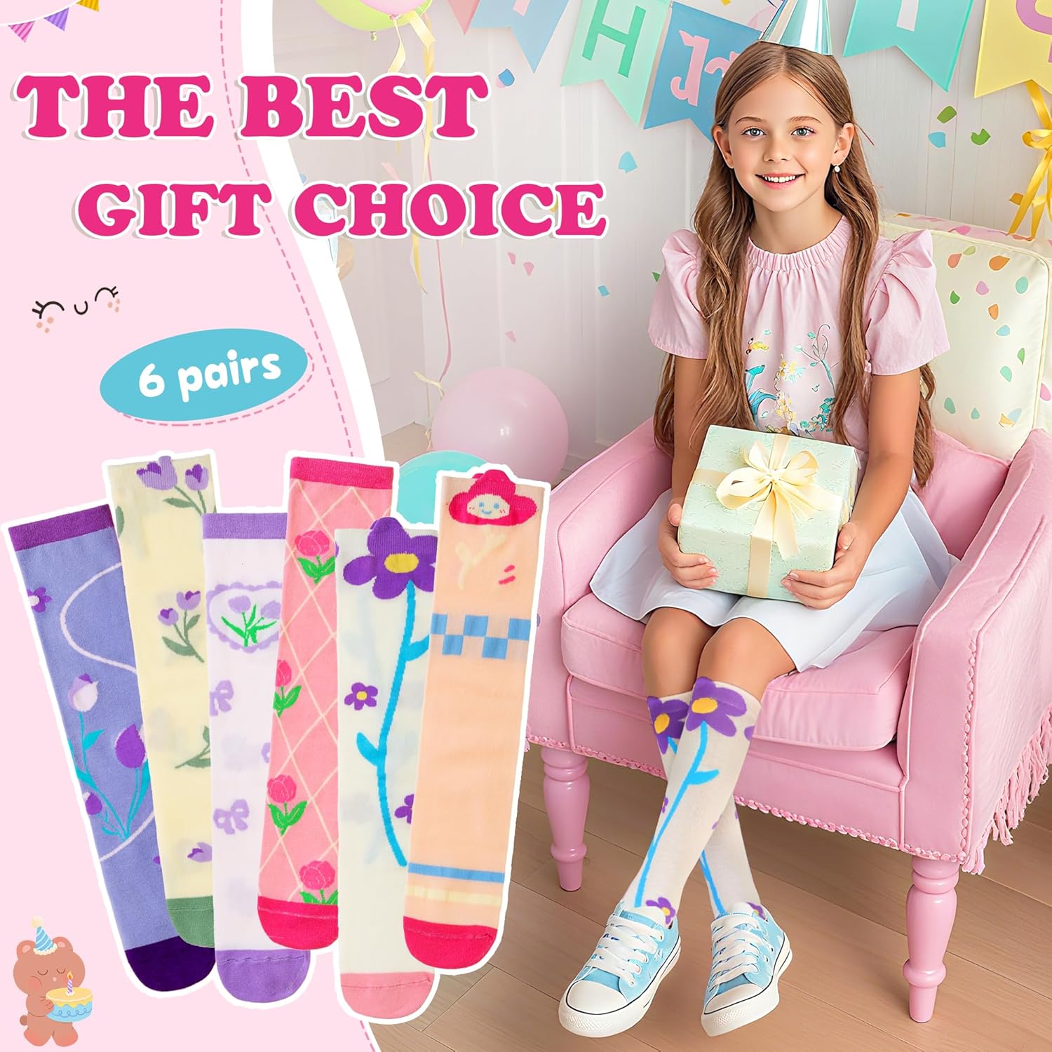 WEVIAS Girls Knee High Socks Kids Long Crazy Fun Silly Gifts Boot Cute Animal Funny Tall Cotton Socks 6 Pairs - Image 6
