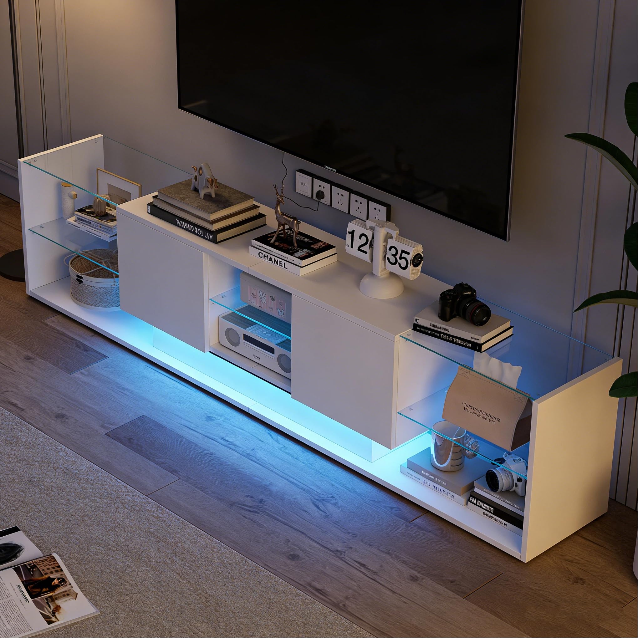Meuble TV LED 200 cm, Meuble Télé Bas Moderne Brillant avec 2 Compartiments de Rangement et Étagère en Verre, Banc TV avec Rangement pour Salon, Design Contemporain, Blanc