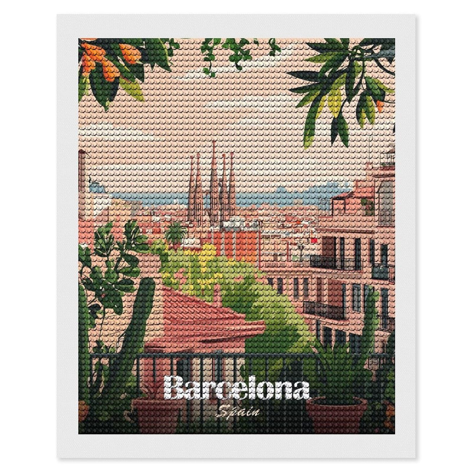 Junmoney Barcelona Spain Cityscape Illustration Diamond Painting Canvas Set 16"x20", Satisfying Creative Project, Easy to Follow Symbols, Fun Craft Experience