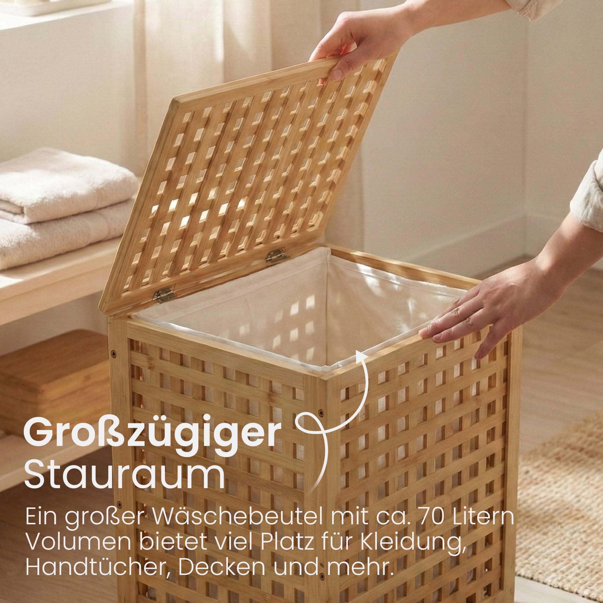 CLP Wäschebox für Schmutzwäsche Ronthy, Wäschesammler Holz Wäschesack 70L waschbar herausnehmbar, Bambusrahmen für Badezimmer, Farbe:natur