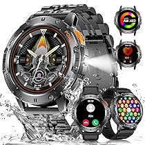 ESFOE Orologio Smartwatch Uomo con Torcia LED,1,43” AMOLED Militari Smart Watch con impermeabile 5ATM,530 mAh Fitness Tracker Contapassi 120+ Modalità Sport robusto orologio con Chiamate(3 cinturini)