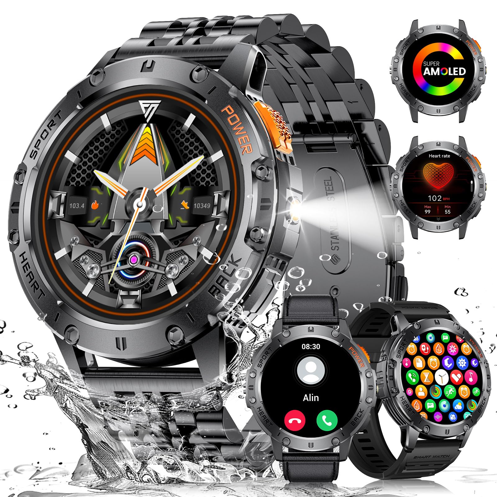 ESFOE Orologio Smartwatch Uomo con Torcia LED,1,43'' AMOLED Militari Smart Watch con impermeabile 5ATM,530 mAh Fitness Tracker Contapassi 120+ Modalità Sport robusto orologio con Chiamate(3 cinturini)