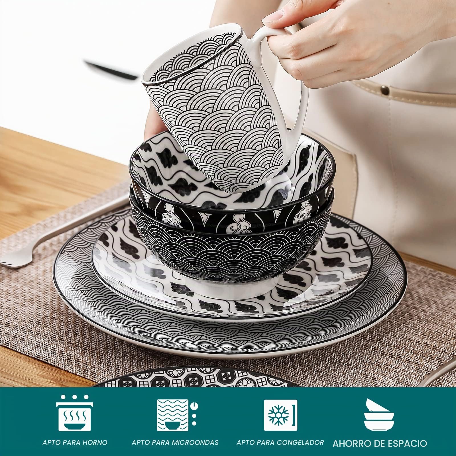 vancasso Haruka Vajilla de Porcelana, Juego de Vajillas Combi de 48 piezas 12 Tazas de Café/Tazones de Cereales/Platos de Postre/Platos de Comedor servicio para 12 Personas