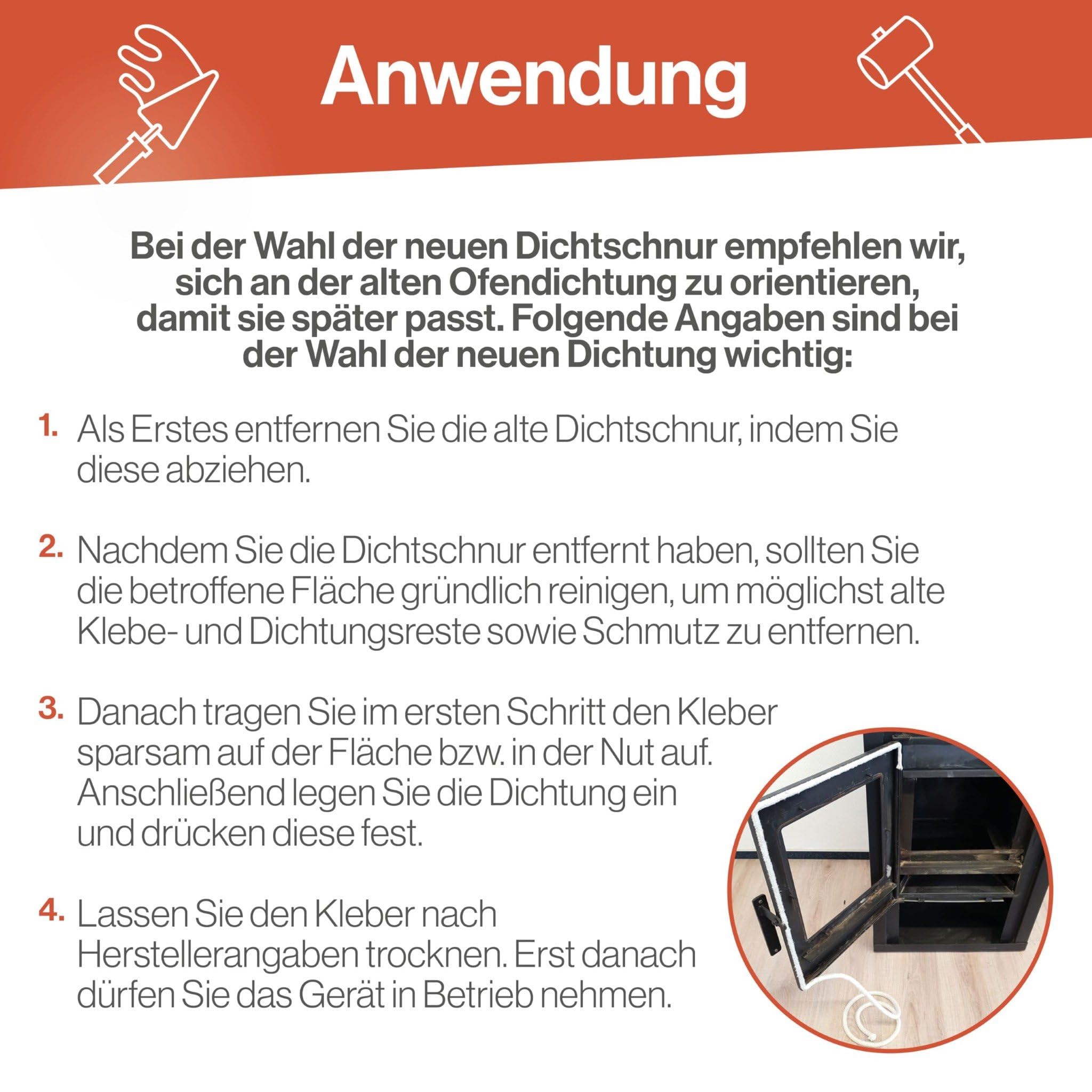 Ofendichtschnur Eckig 20x20 mm x 2 Meter, Ofen-Dichtungsband für Kaminofen, hitzebeständig bis 800 °C, Keramische-Faser, Abdichtung für Kamine & Öfen, reißfest