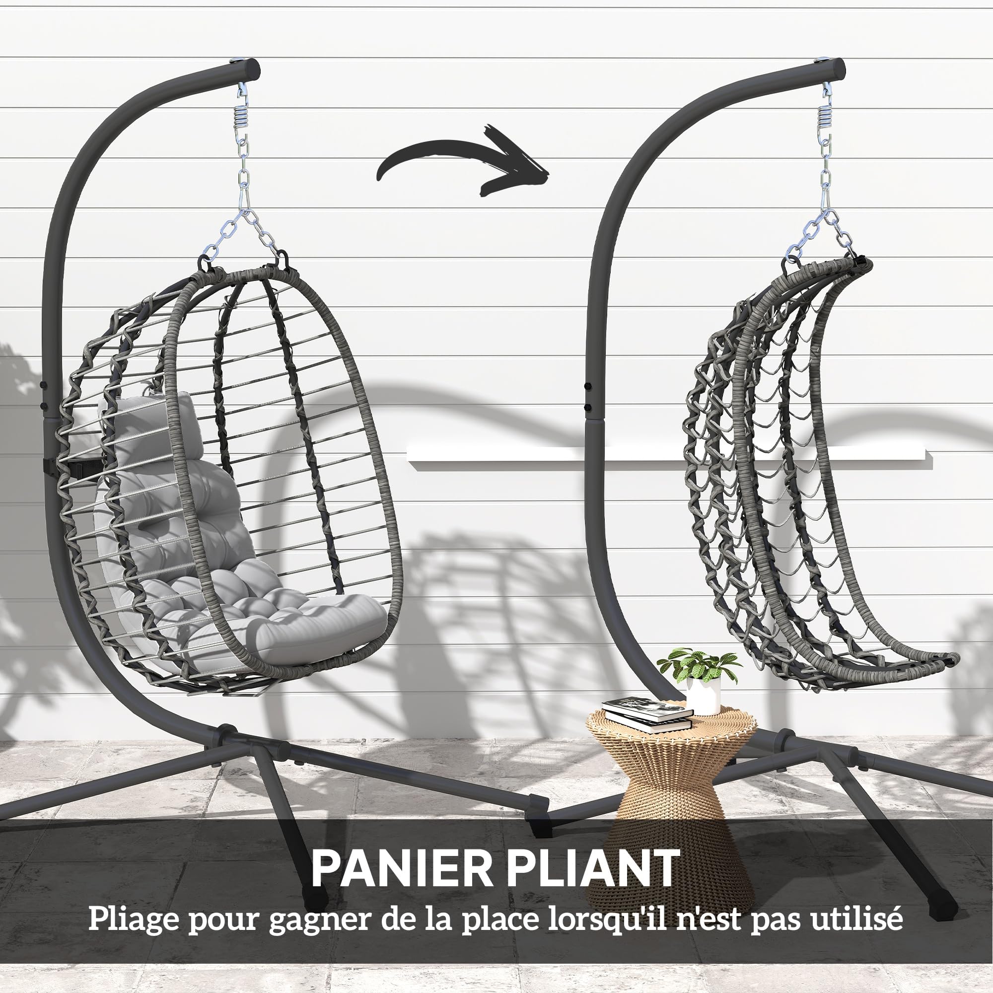 Outsunny Fauteuil Suspendu Pliable en résine tressée Support Gris et Noir