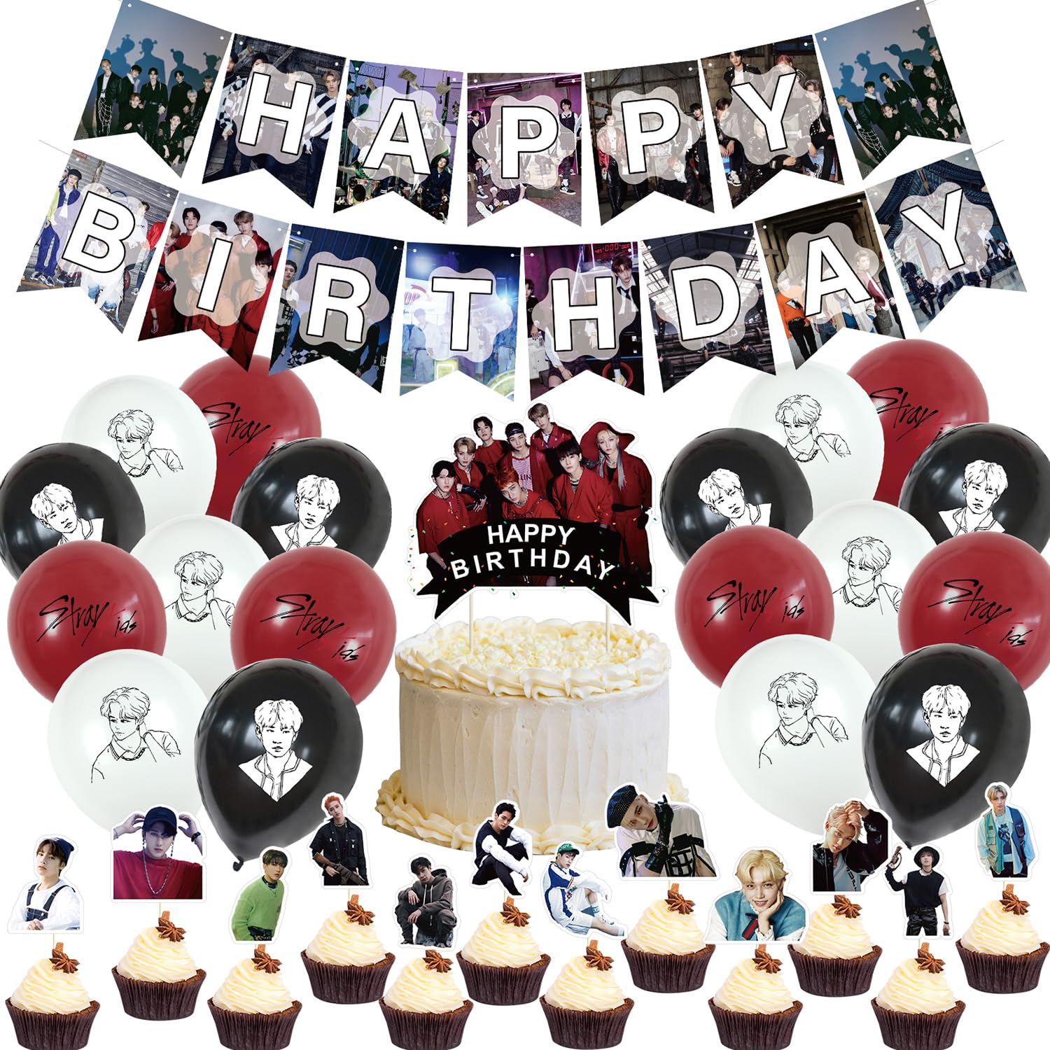 Stray-K Birthday Party Supplies,Stray-K Style Decorations Include Cake Topper, Cupcake Toppers, Banner, Balloons for kids birthday party decorations