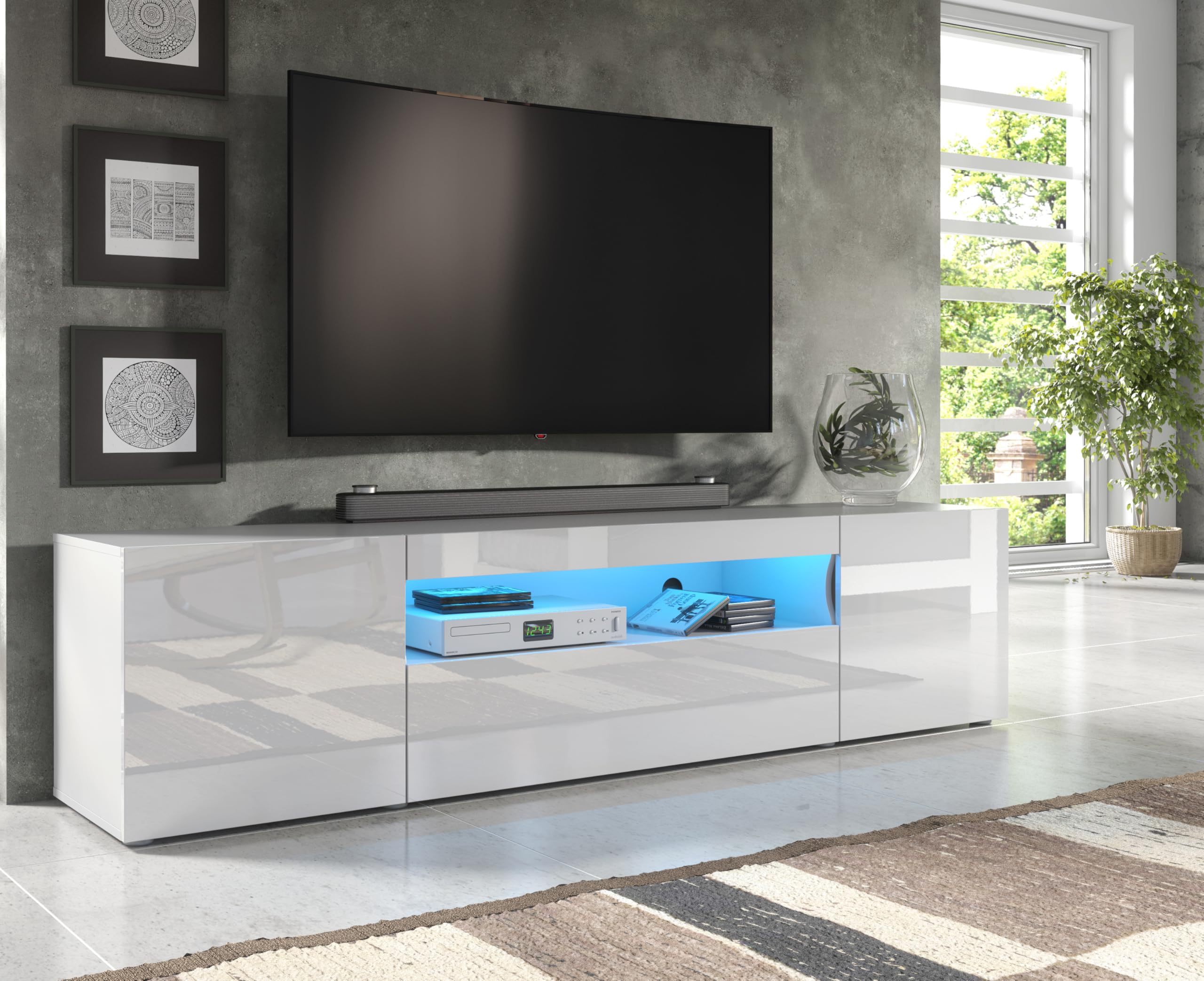 Furneo Clifton 08 – 200 cm Long TV Stand Unit Cabinet, Matt & High Gloss White Finish, Blue LED Lights