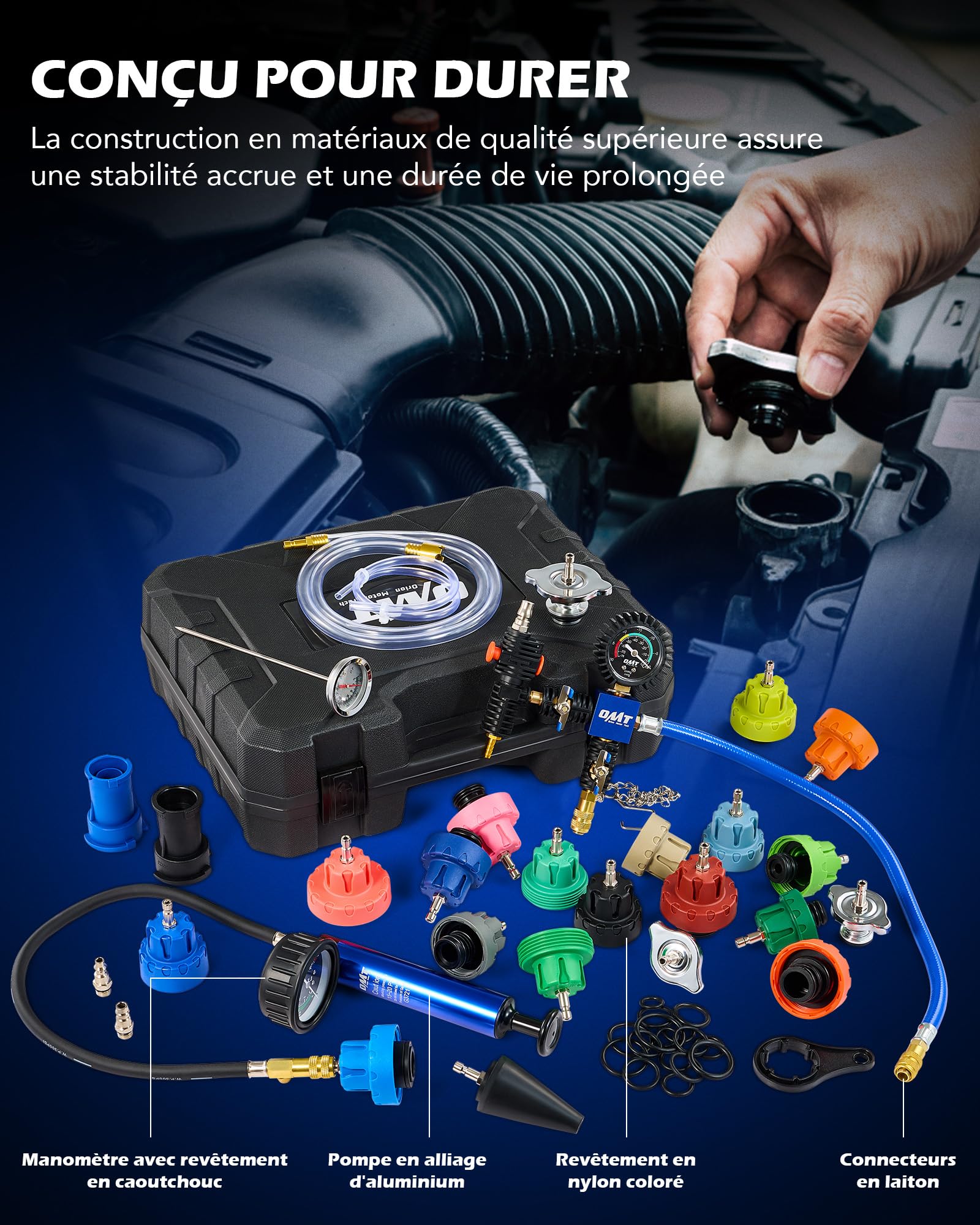 Orion Motor Tech 31 pcs Kit de Testeur de Pression de Radiateur, Système de Remplissage de Liquide de Refroidissement sous Vide avec 23 Adaptateurs, Purgeur et Pompe à Vide