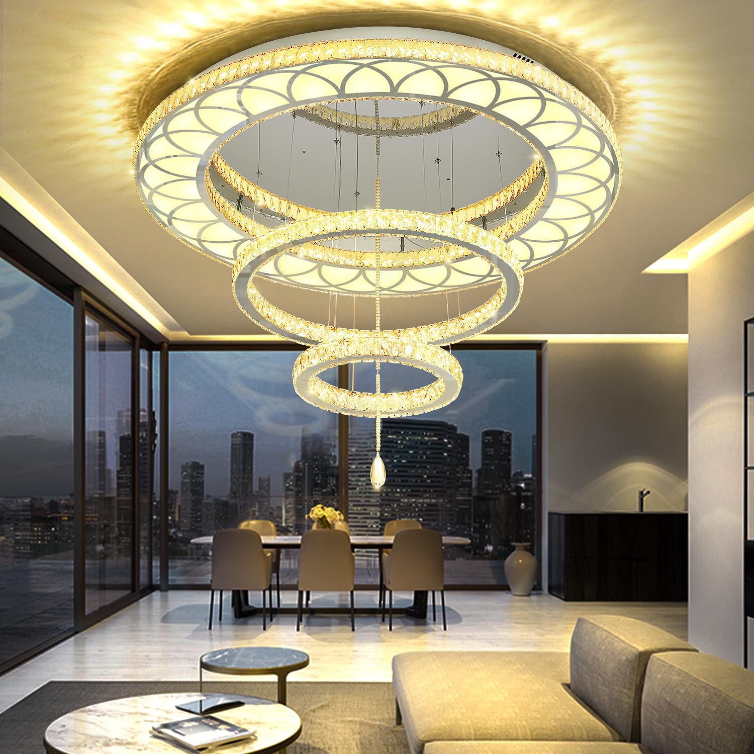 Flashing God Dia 32" Modern Crystal Chandelier Crystal Silver Ceiling Light Fixtures LED Flush Mount Ceiling Light for Living Room Bedrooms Dining Room Dimmable 2700k 4500k 6000k