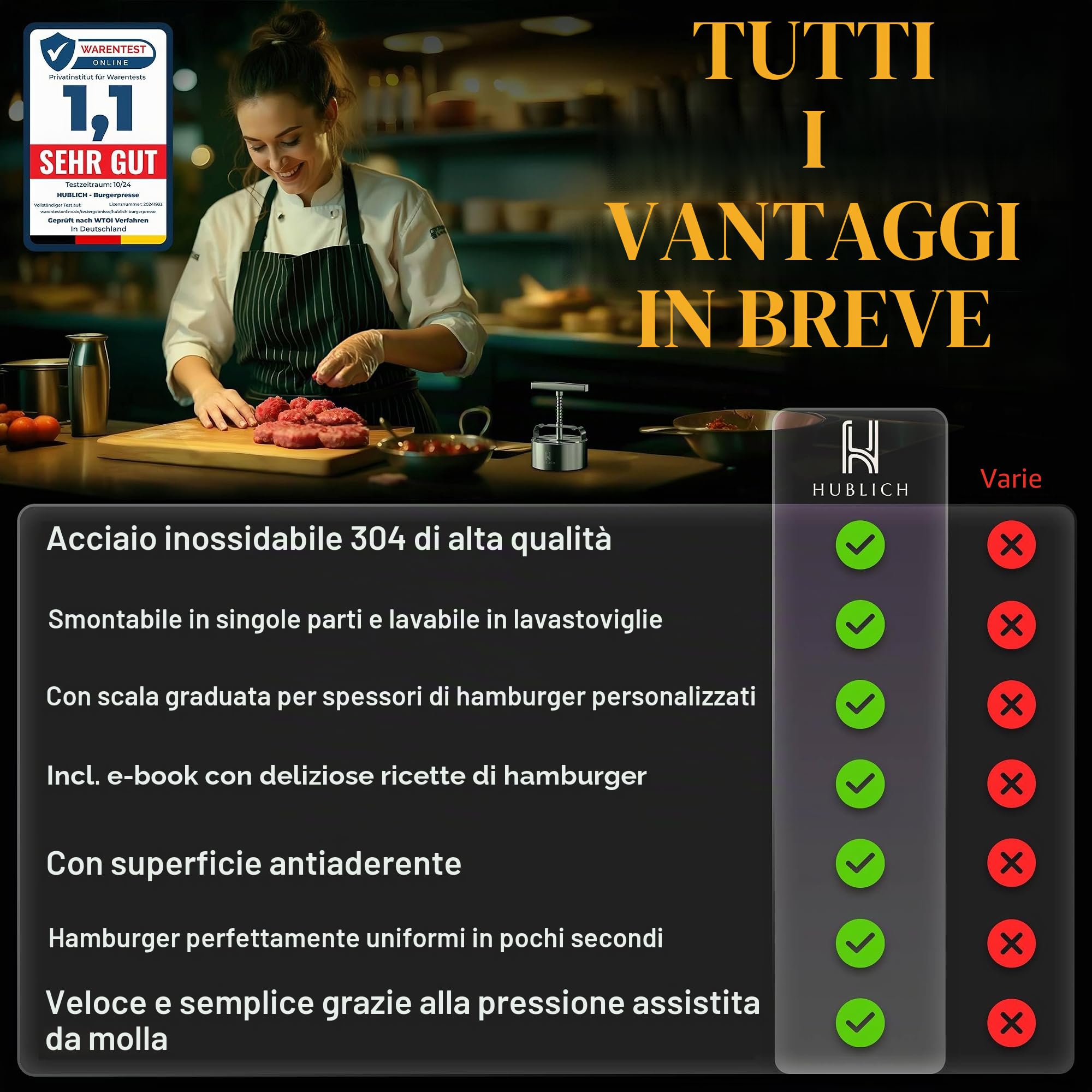 Pressa per hamburger di alta qualità in acciaio inox – pressa per hamburger – Accessorio ideale per barbecue perfetto per patties di carne macinata da 100 – 400 g – Patty Maker per succosi