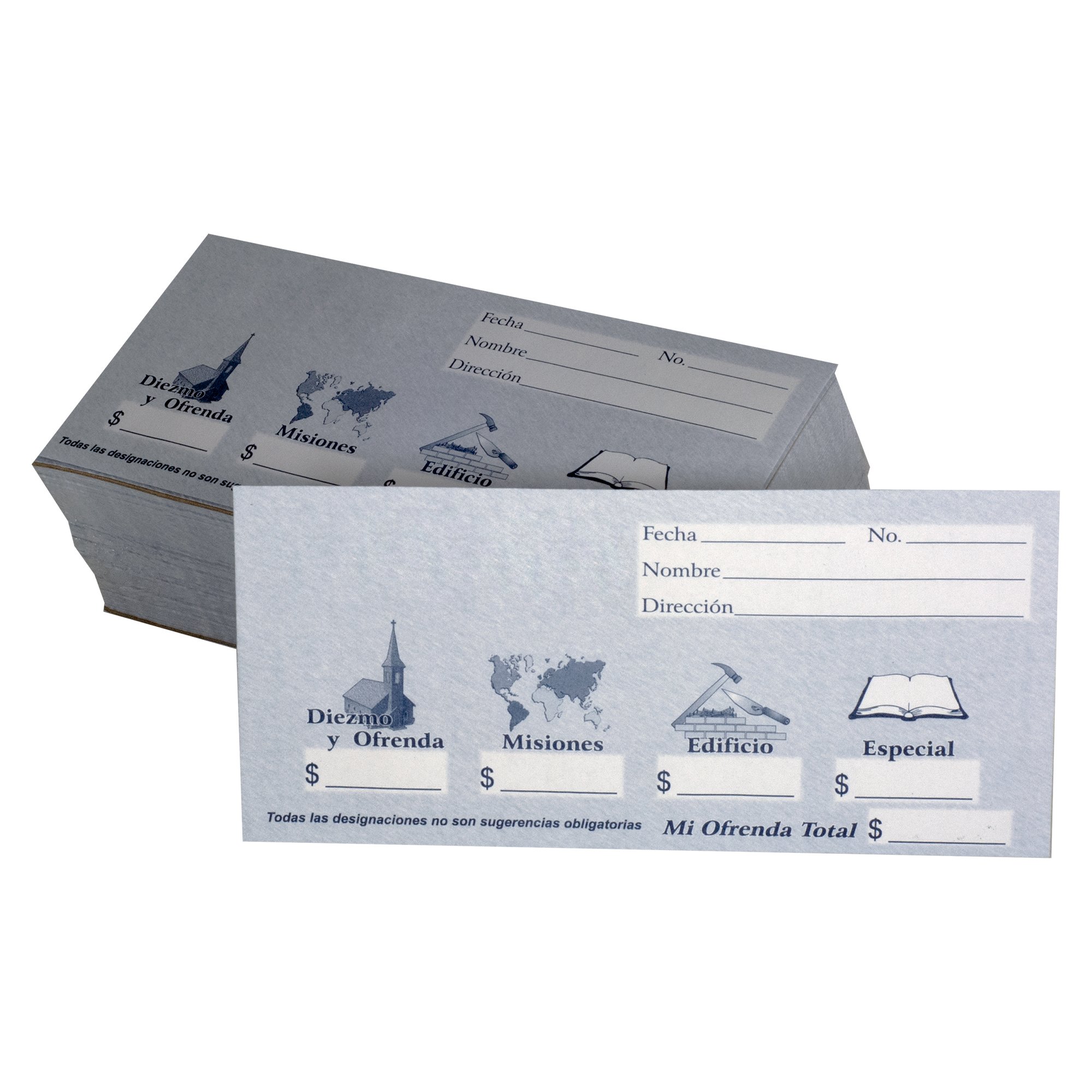 Sobres de Diezmos y Ofrendas para Iglesias, Designaciones Misiones, Edificio, y Especial, Diseño Simple y Azul (125, 250, or 500)