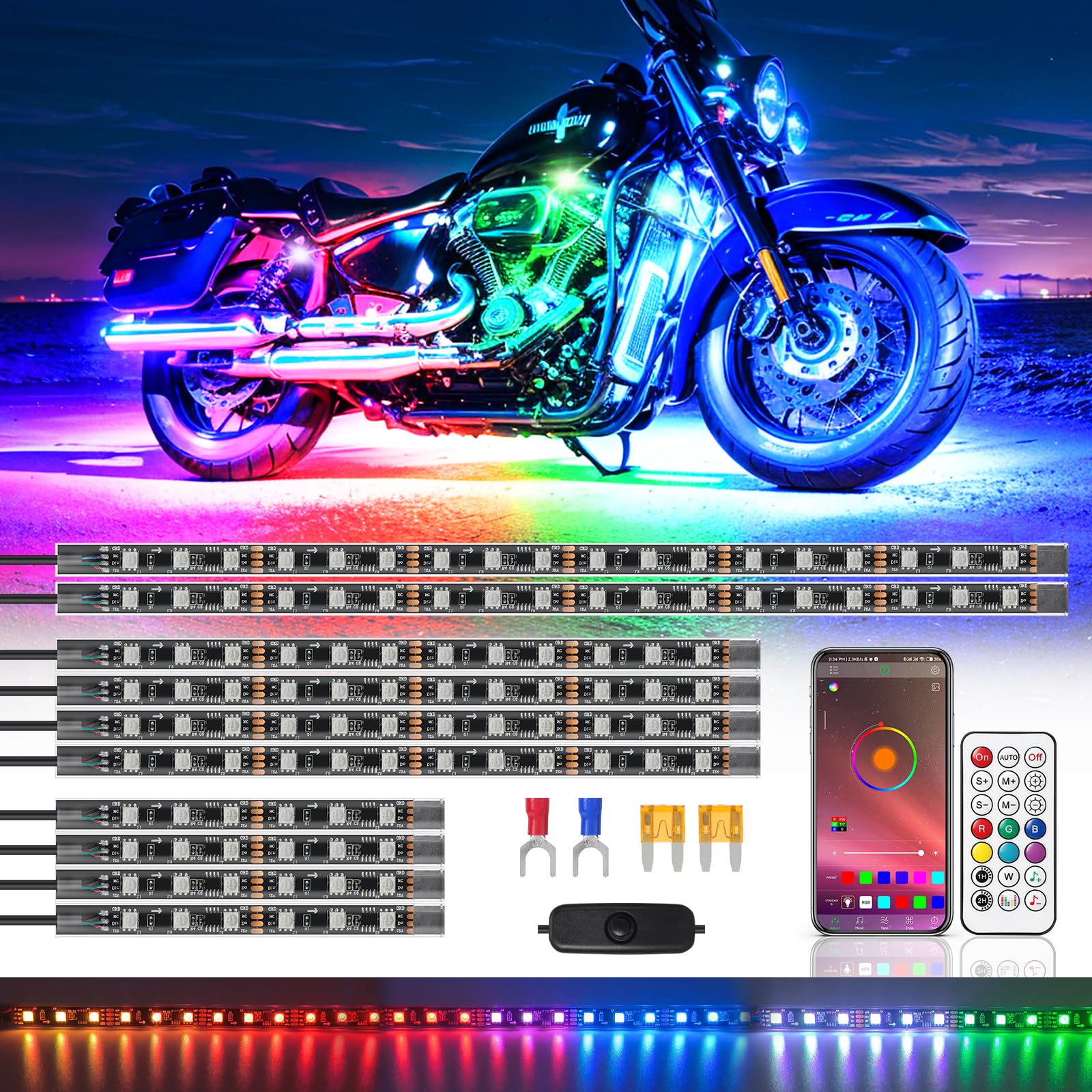 Chaser Dreamcolor Motorcycle LED Underglow Kit with/APP/RF Remote Brake Turn Signal,10PCS Chasing Motorcycles RGB+IC 12v Effect LED Strips Light Waterproof Multicolor for Harley Kawasaki