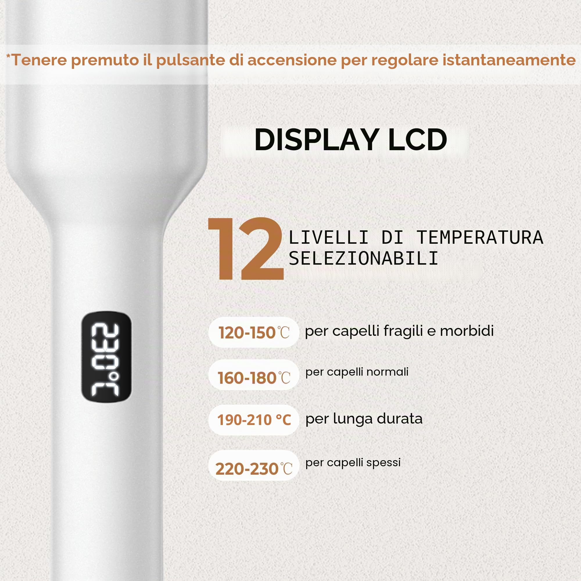 UKLISS Ferro ondulato per capelli Beach Waves, ferro arricciacapelli adatto per principianti, ferro ondulato ionico per capelli corti e lunghi con display LCD a 12 temperature (120-230℃)