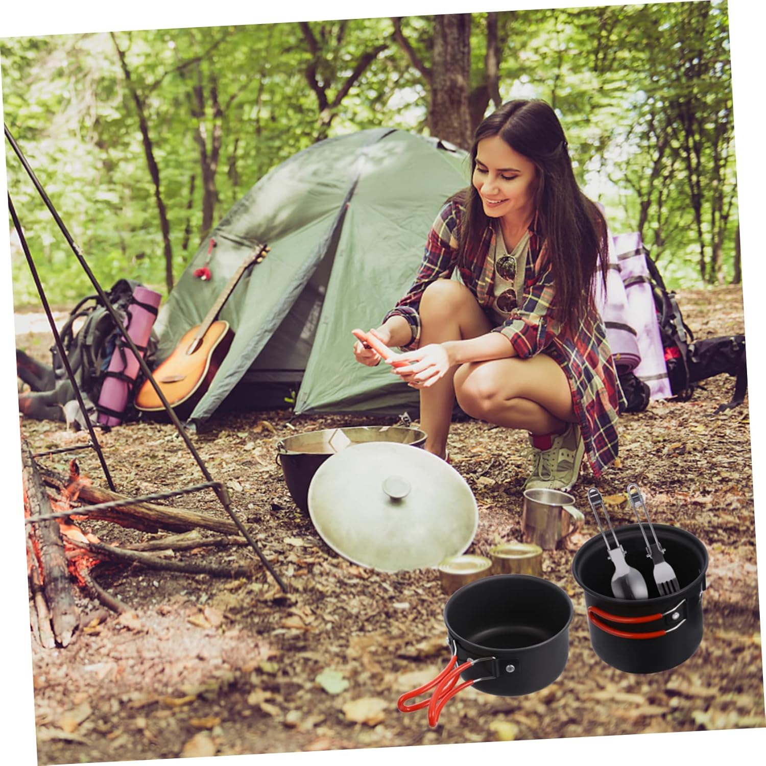 1Set Portable Camping Cookware Multi Functional Outdoor Kit for People Durable Non Stick Tableware for Picnics and Travel