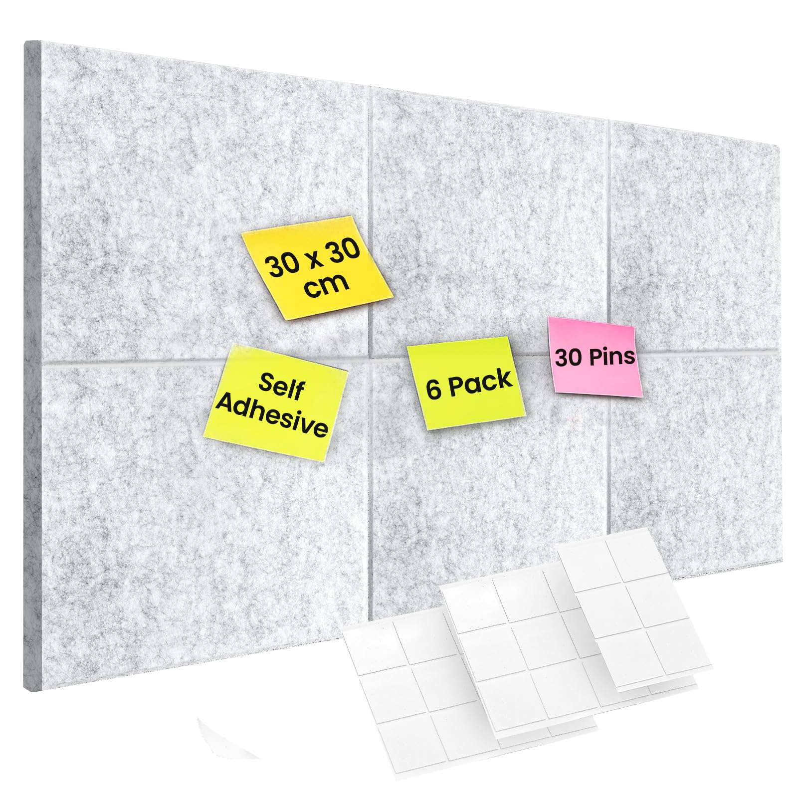Toemics 6 Pack Felt Board Tiles with 60 Pins 30x30cm Self-Adhesive Bulletin Notice Boards for Wall Soft Pin Board for Photos, Memos, Notes, Office, Home, Classroom (Grey)