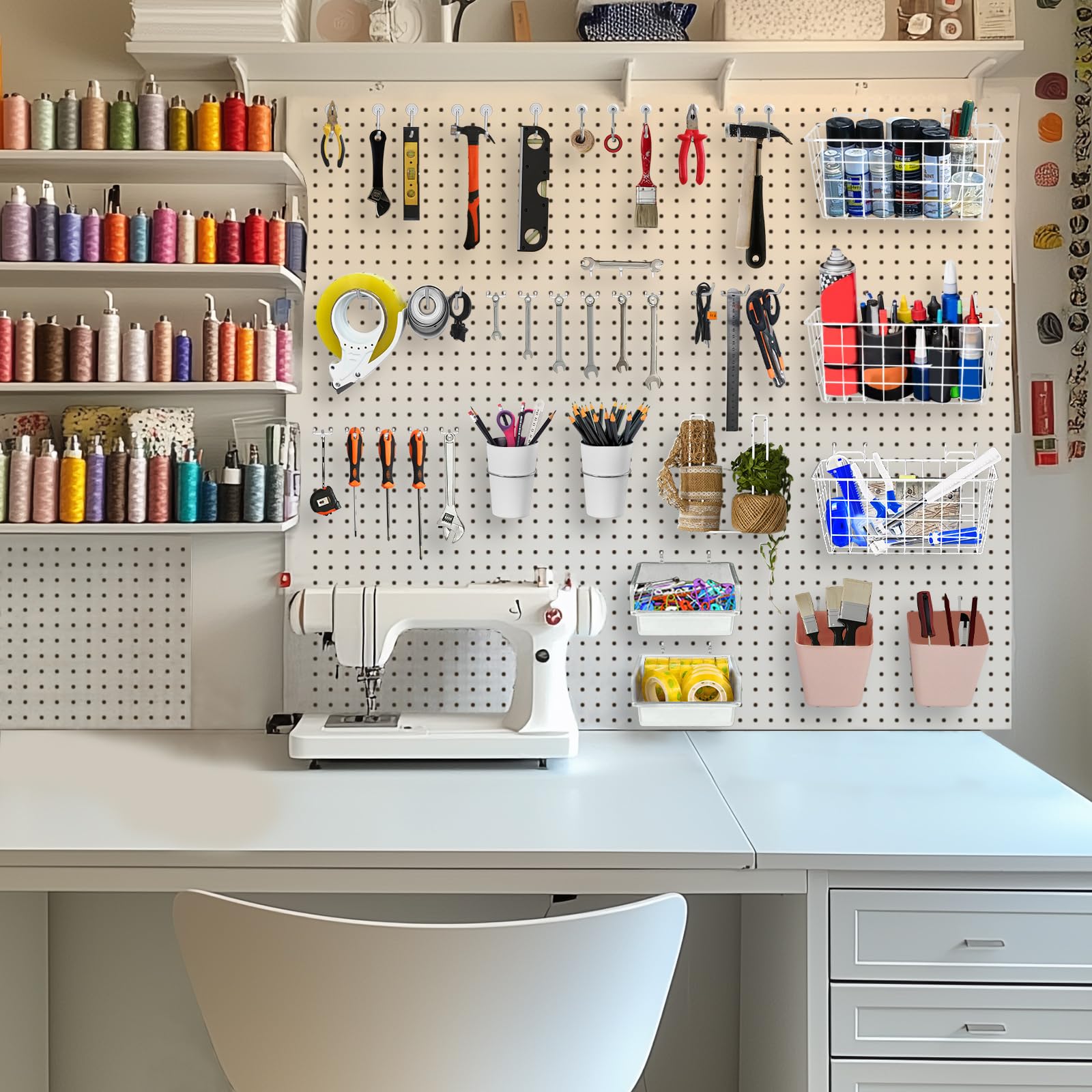 Organizadores de cestas de tablero perforado, cestas grandes, ganchos, cubos, tazas, organizador de herramientas, juego de 42 unidades, accesorios para colgar en la pared, accesorios para