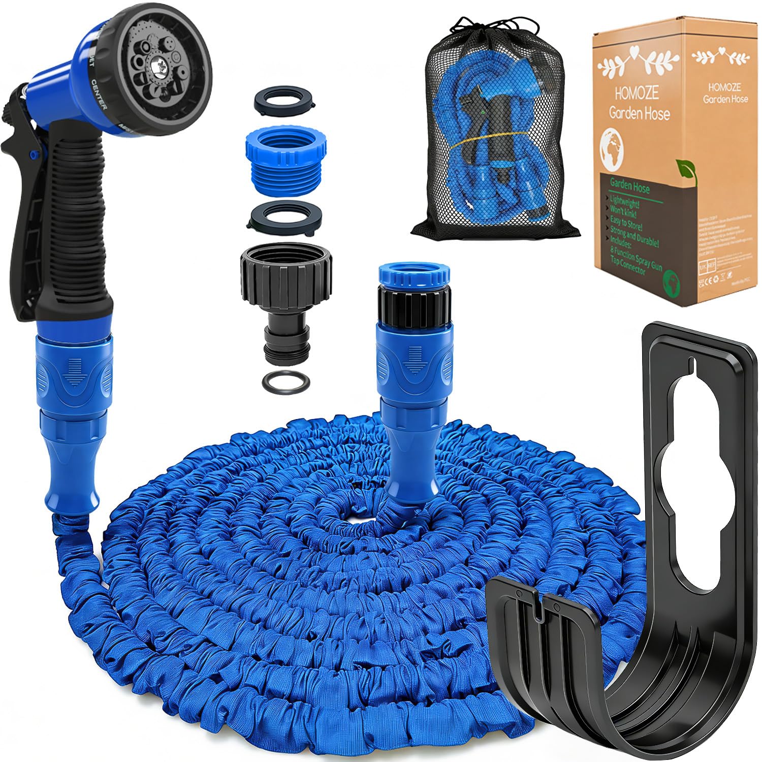 Homoze Blue Garden Hose Pipe Expandable Garden Hose With 3/4", 1/2" Fittings, Anti-Leakage - Flexible Expanding Hose With 10 Function Spray Nozzle By Homoze(, 50Ft)