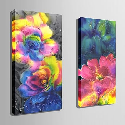Amazon 現代のクリエイティブな装飾油絵 七色のバラと他の花 リビングルーム装飾絵画平野手塗りキャンバスソファ背景 壁壁掛け絵画レストランベッドルーム壁画ソファの背景の壁壁掛け手書き油彩油絵風景画絵画抽象芸術作品 30cm 60cm 2pcs アートワーク ポスター