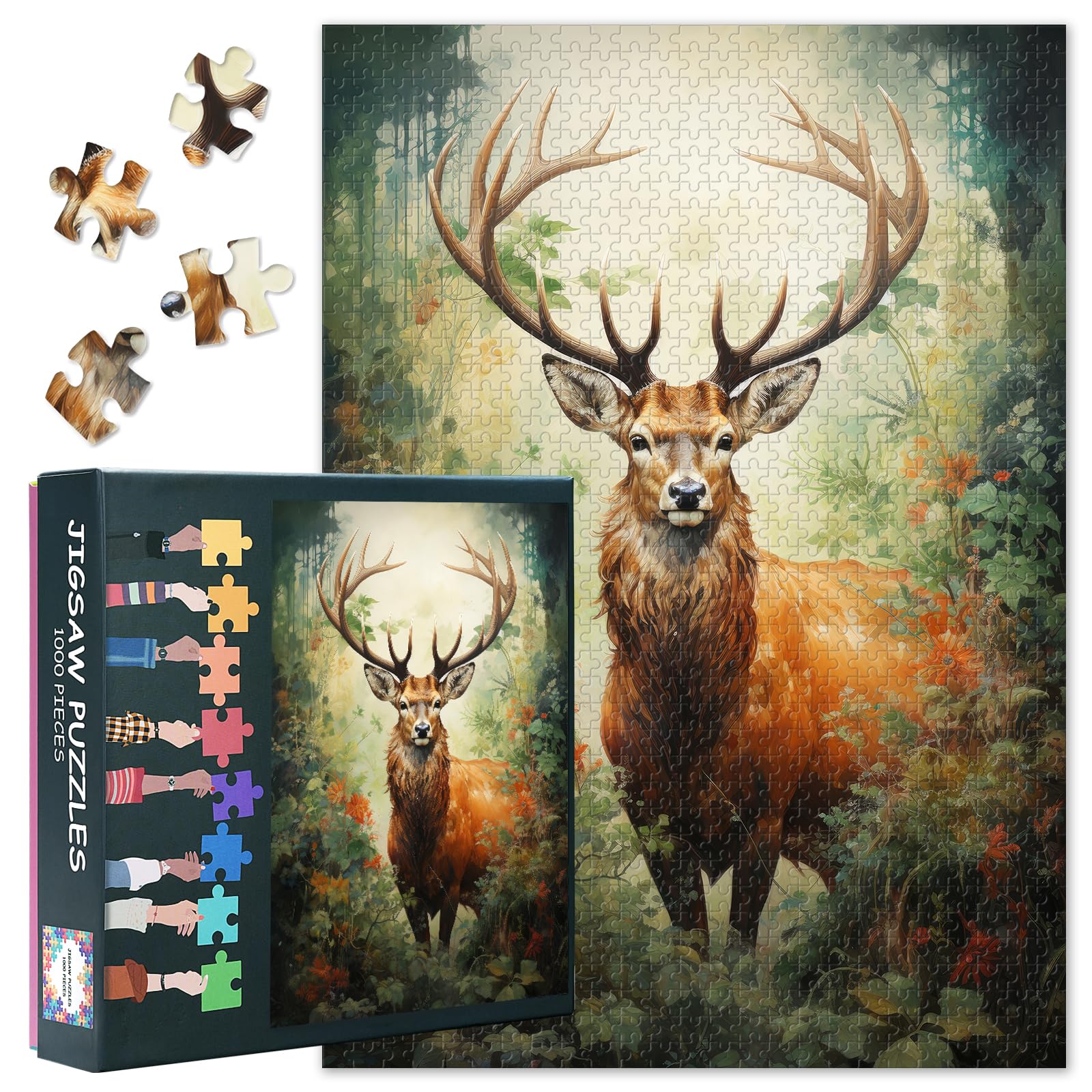 Wild Deer Challenging 1000 Piece Jigsaw Puzzles for Adults - 27.5x19.7 Inch Difficult Puzzle Animals Art, Family Educational Games & Home Decor Gift (Forest Theme)