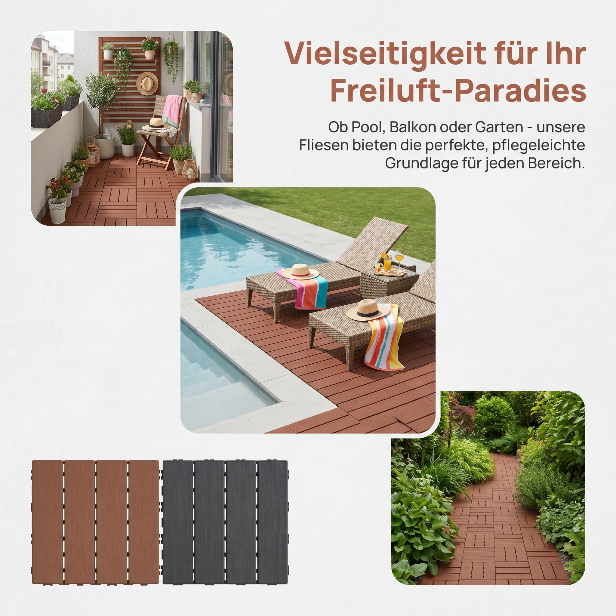 Außenklickböden 30x30cm Braunrot Holzoptik für Terrasse 4 m² | Strukturierte rutschhemmende Oberfläche schmutzabweisend leicht abwischbar mit feuchtem Lappen geringer Pflegeaufwand