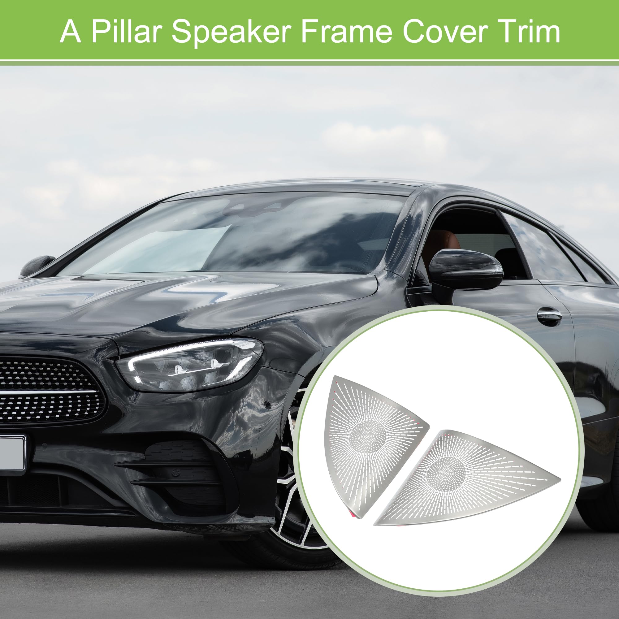 QUARKZMAN Cubierta De Altavoz De Pilar A Para Mercedes-Benz Clase E 16-21 | 2 Piezas, Acero Inoxidable, Tono Plateado, Para Sistema Audio De Coche, Protege Altavoz, Evita Acumulacion De Polvo