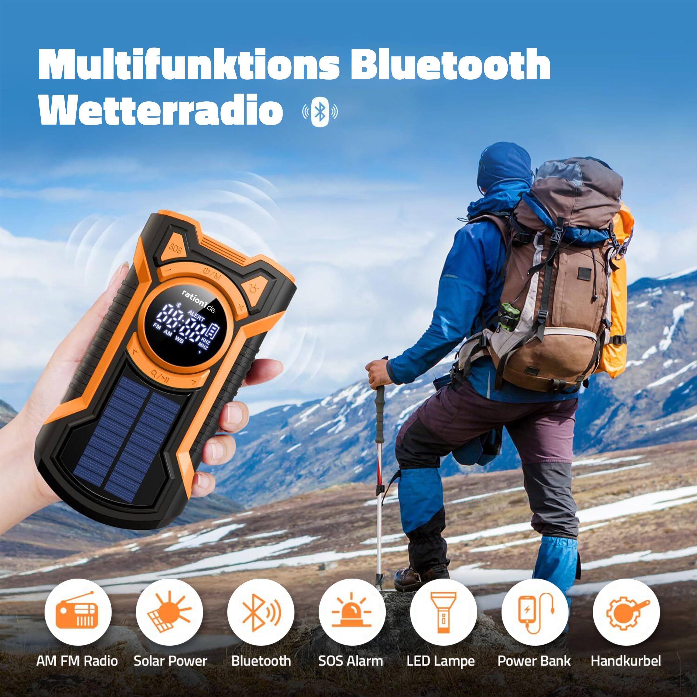 ration1 Kurbelradio mit Solar und Powerbank – Notfallradio mit 5000 mAh, Bluetooth, SOS-Alarm & LED Taschenlampe | AM/FM/WB | IPX5 Spritzwasserfest | Stoß- & Staubgeschützt | Camping Outdoor Blackout