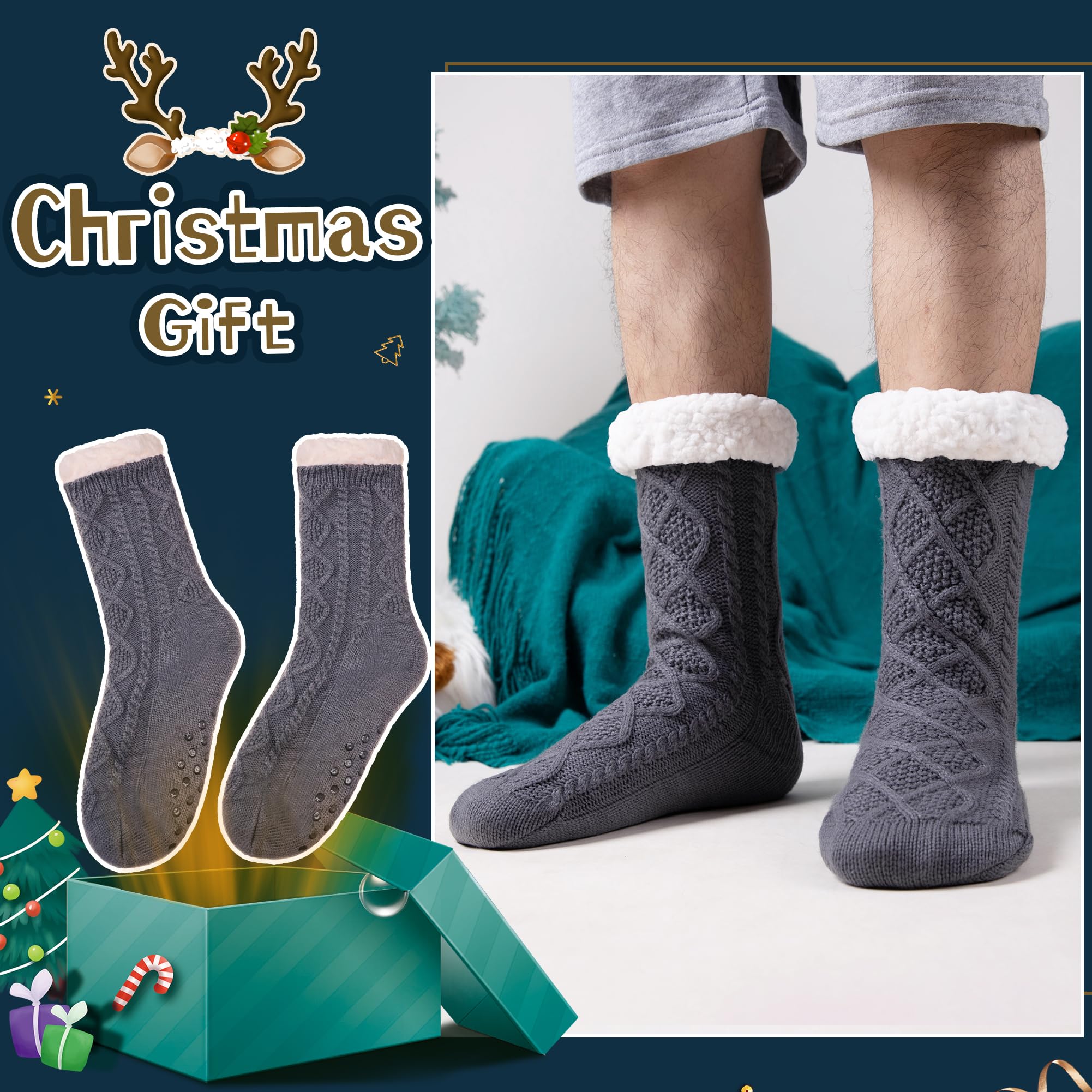 WEVIAS Men's Fleece Lined Cozy Extra Thick Slipper Socks Winter Non-Slip Fuzzy Home Sleeping Stockings, Dark Grey, One Size 4